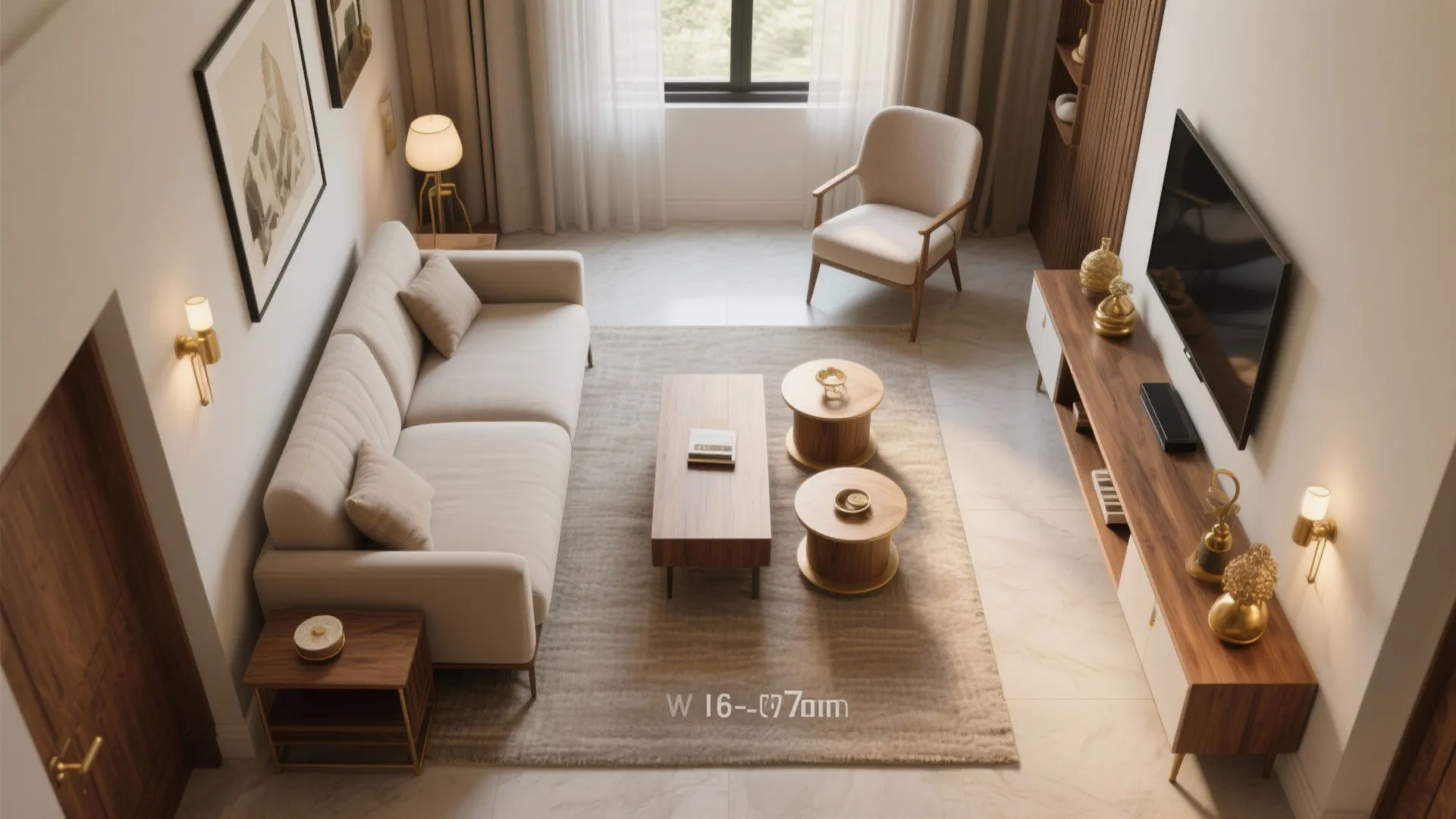 Modern living room featuring cream sofa, wooden coffee tables, wall lights, and wooden TV stand