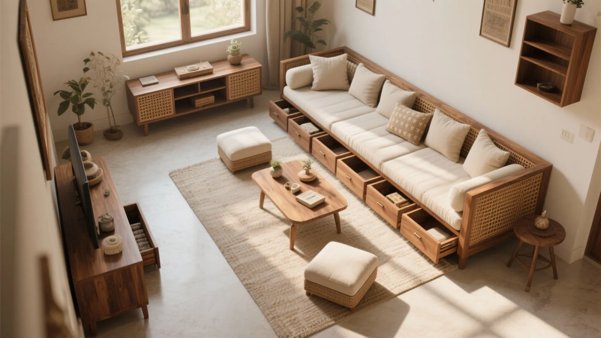 Top-down plan of a compact living room with a low storage diwan, nesting tables, and clear circulation.