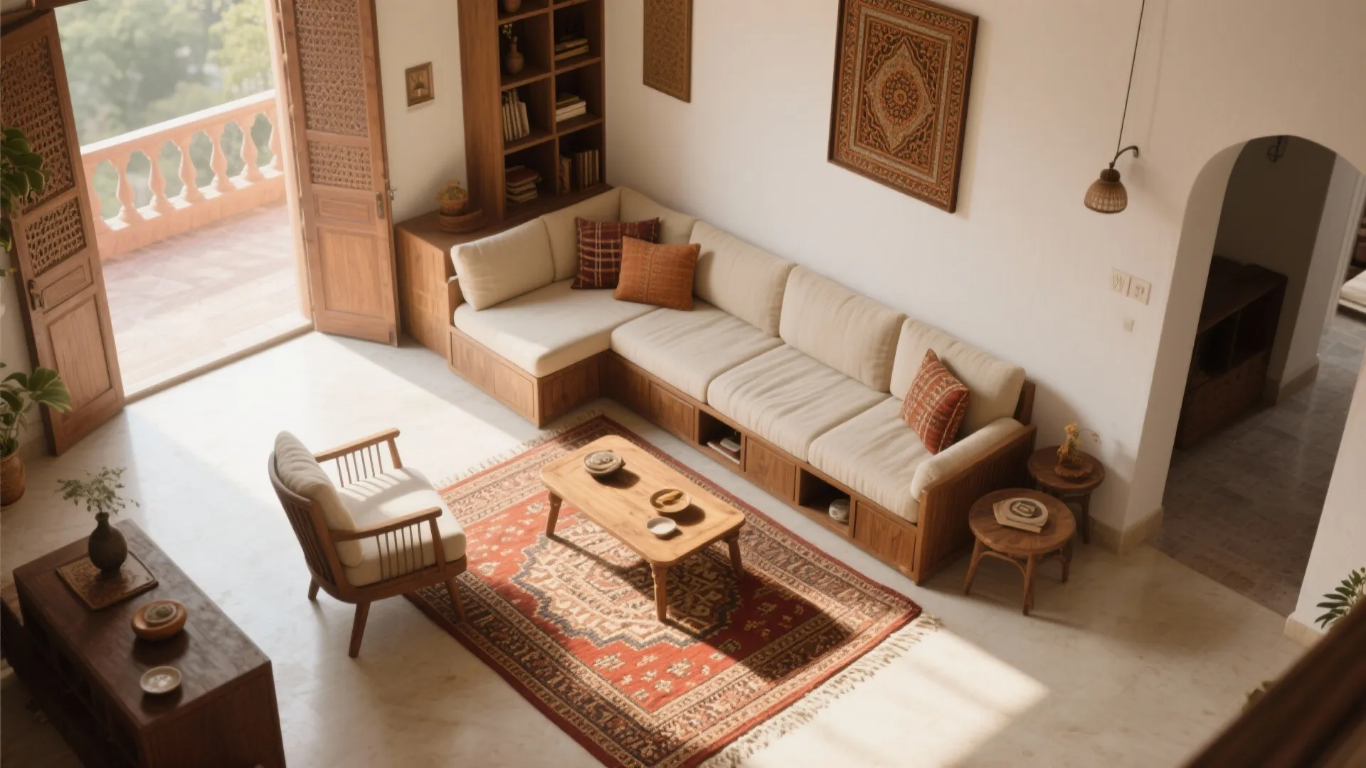 Low Seating Layers with Dhurries, Diwans, and Cushions