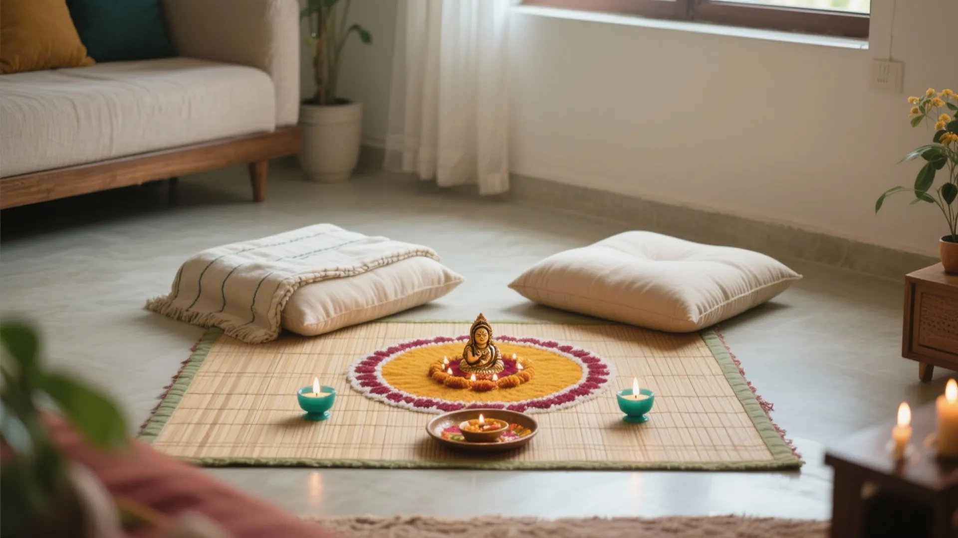 4) Low Seating Ritual Setup: Floor Cushions and Rangoli Frame
