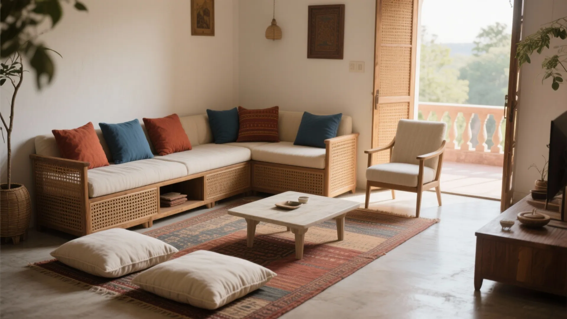 Low Seating Layers with Dhurries, Diwans, and Cushions