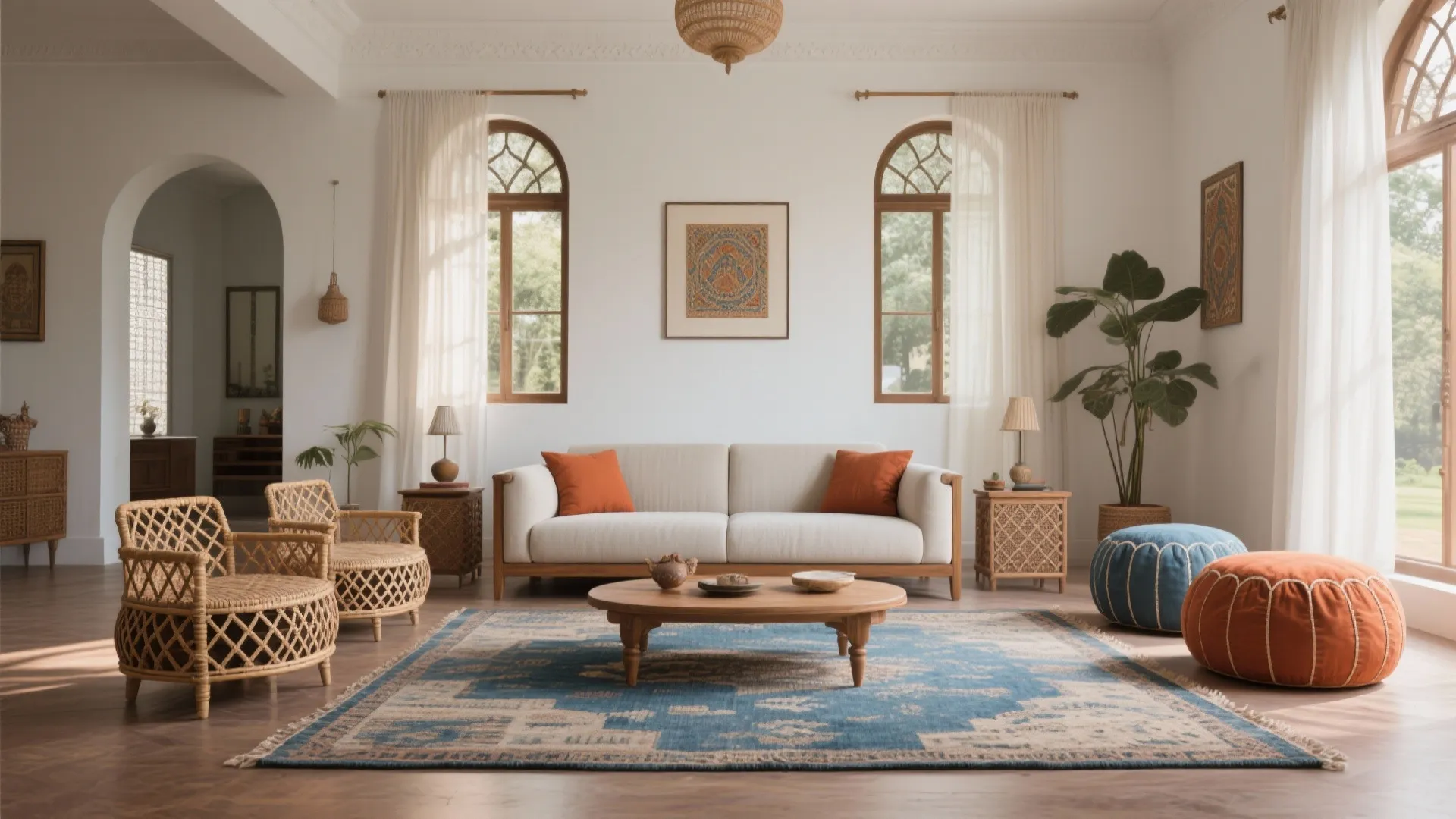 2) Low Seating + Slim Sofa for Social Gatherings