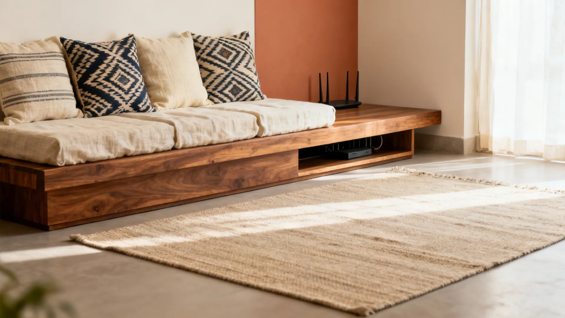 Minimalist low wooden sofa with handloom cotton and ikat cushions in a compact Indian living room.