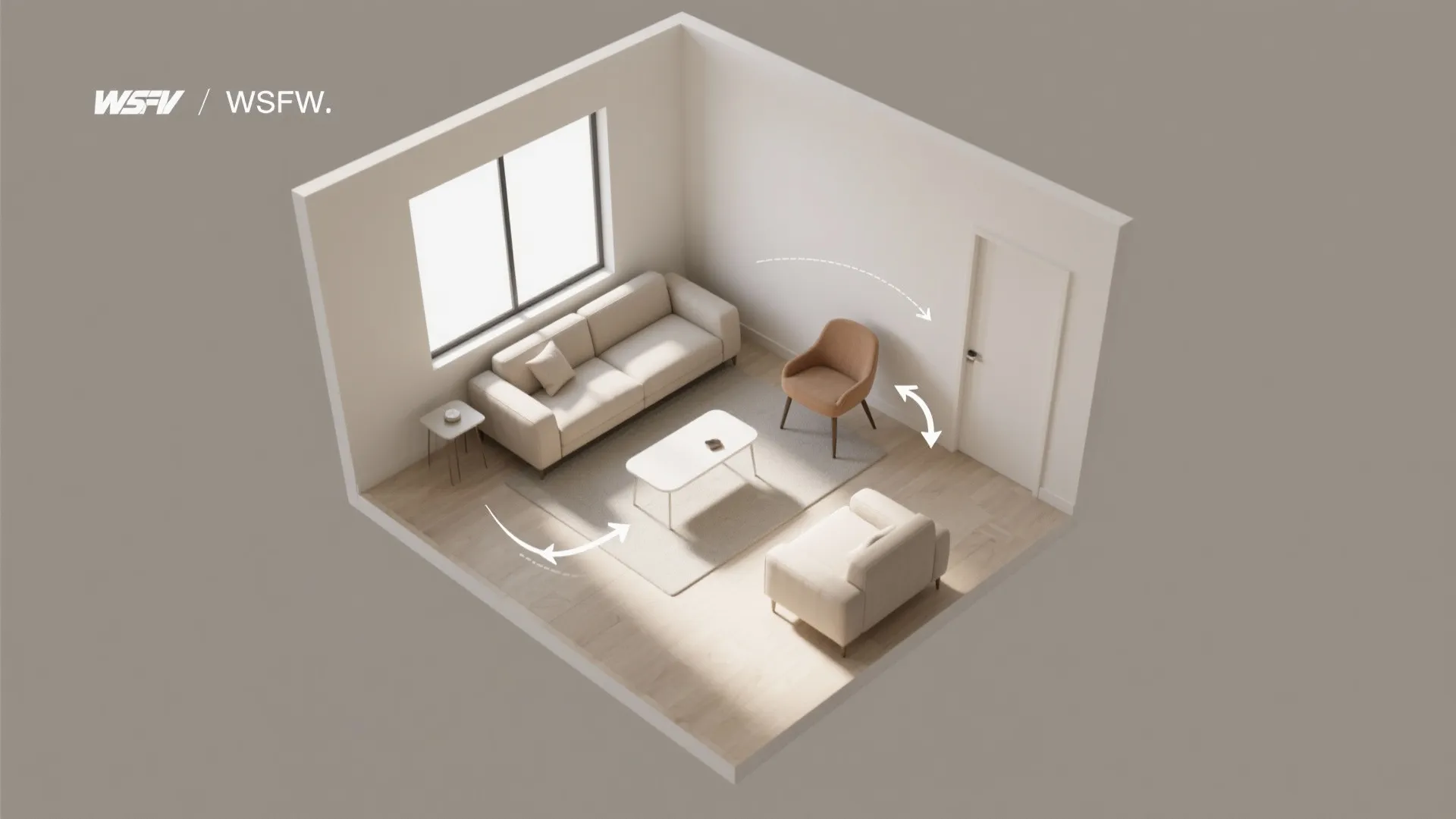 Top down interior design drawing of a living room with sofa chairs and floor rug layout