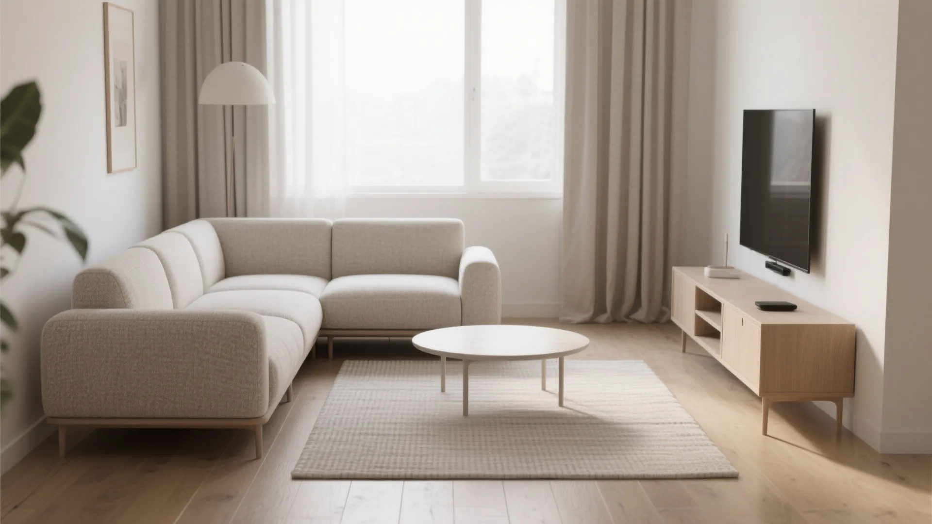 Minimalist living room with beige sofa wooden cabinet television round coffee table and floor light