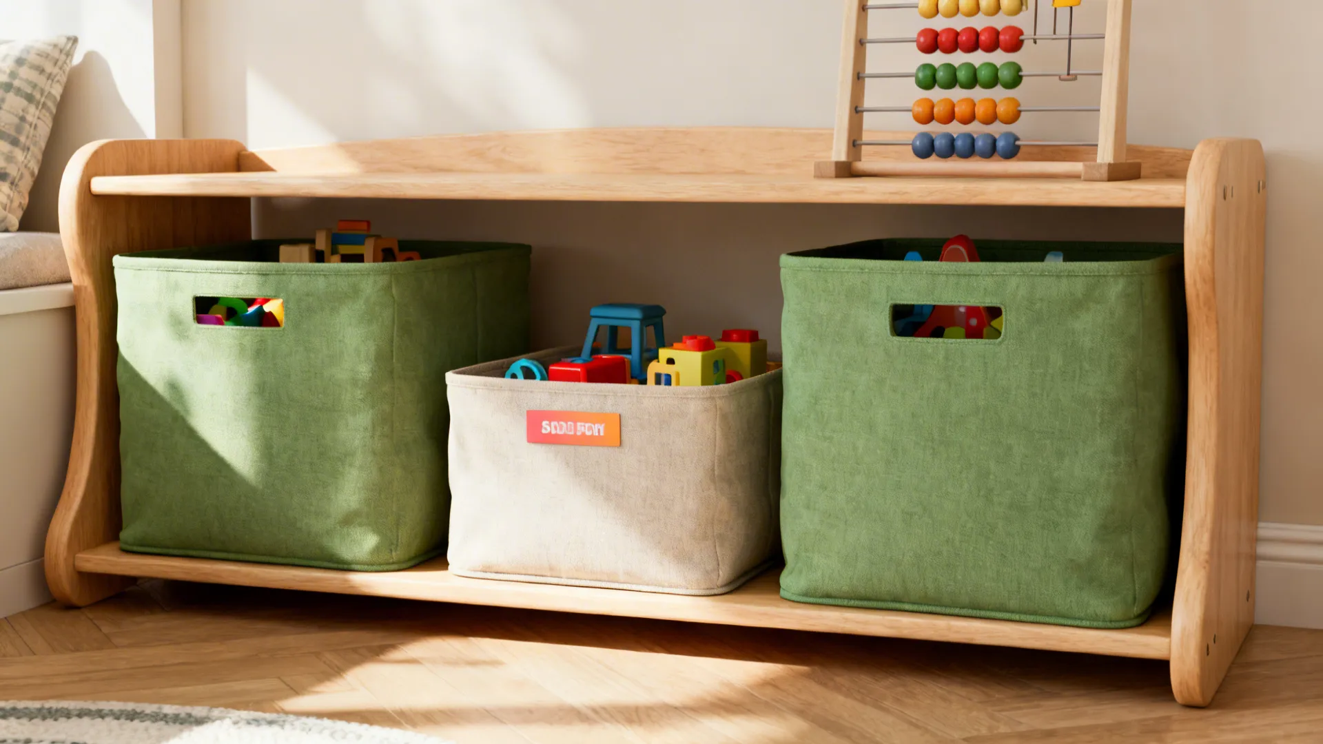 Low wooden shelf with soft fabric bins and labeled compartments for toddler toys.
