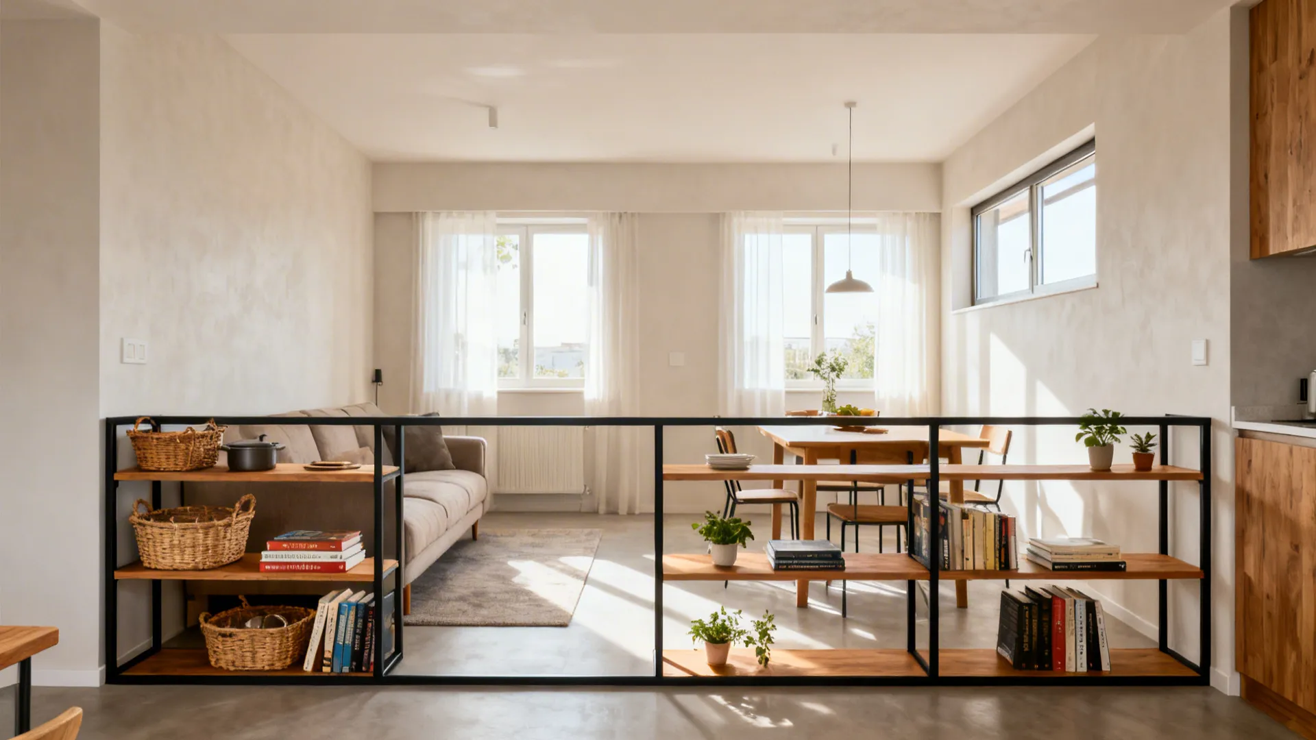 Low open shelving divides living and dining areas while keeping daylight and sightlines open.