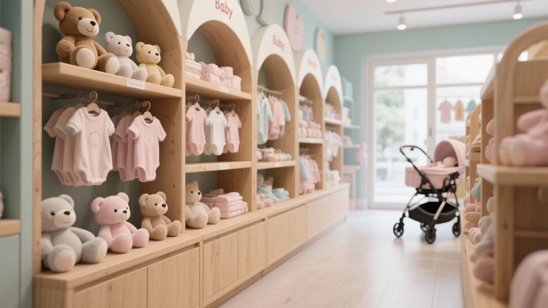 Wooden shop shelves displaying teddy bears and baby clothes with a pink stroller in background