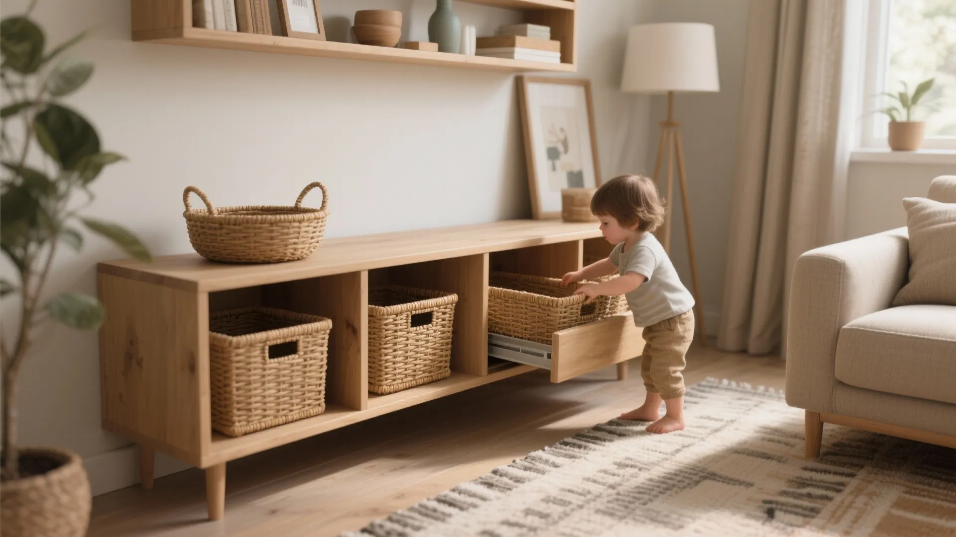 Child reaching into woven baskets stored inside a low wooden cabinet in a modern living room