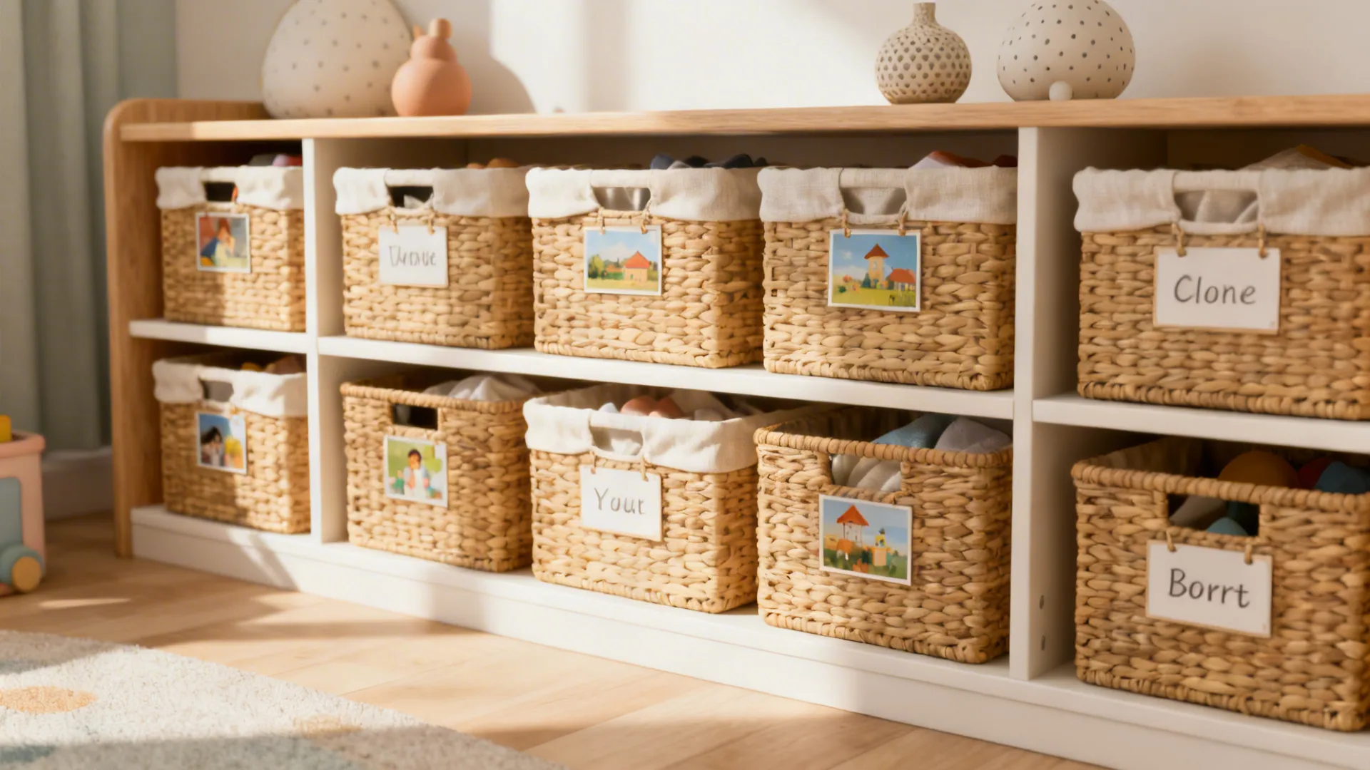 Low open shelving with matching labeled baskets at child height in a living room