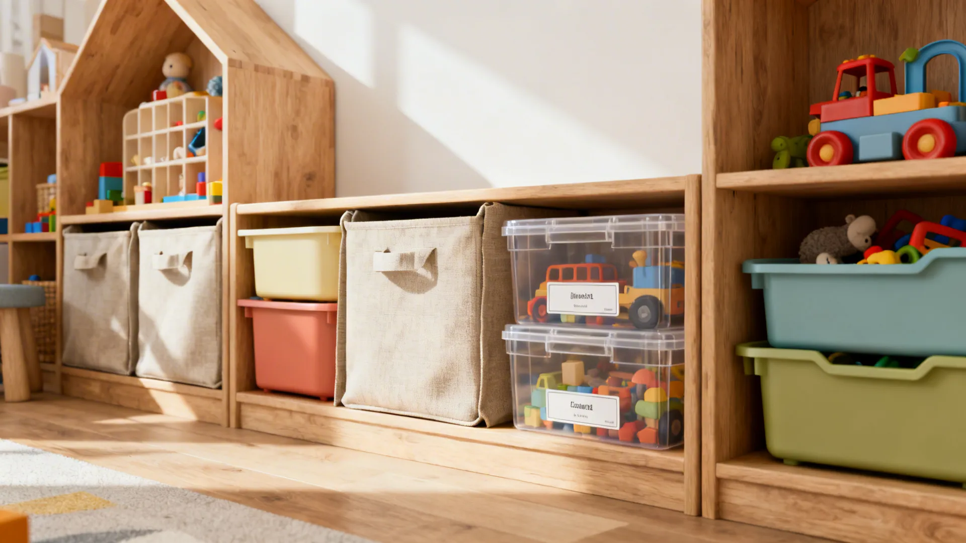 2. Open bins on low shelving