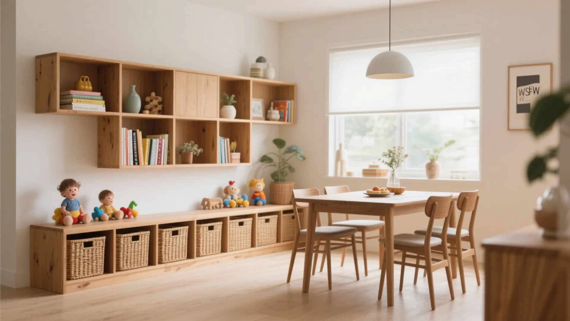 Wooden wall shelves with baskets and books near a dining table with chairs and window
