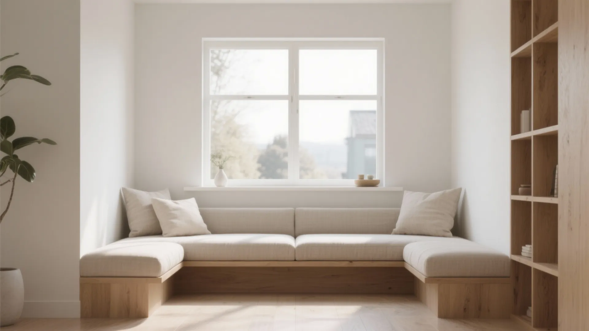 Beige sofa under a window with wooden base and wooden bookshelf in minimalist white room