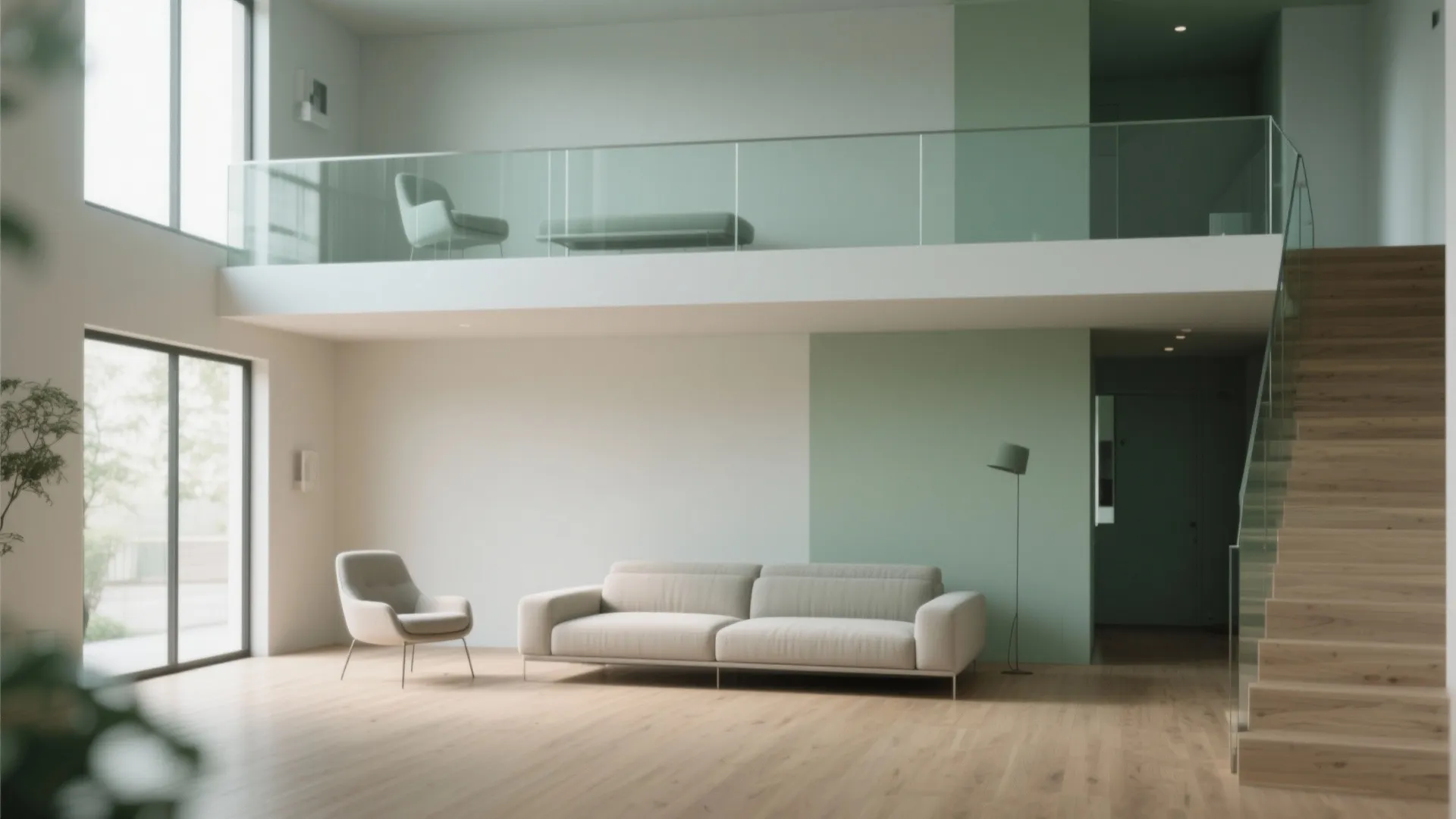 Modern open plan living room with cream sofa armchair wooden stairs and green wall accents