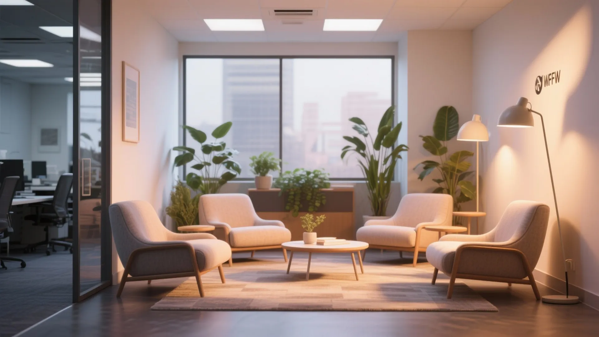 Office meeting space with four grey armchairs round coffee table floor light and many green plants