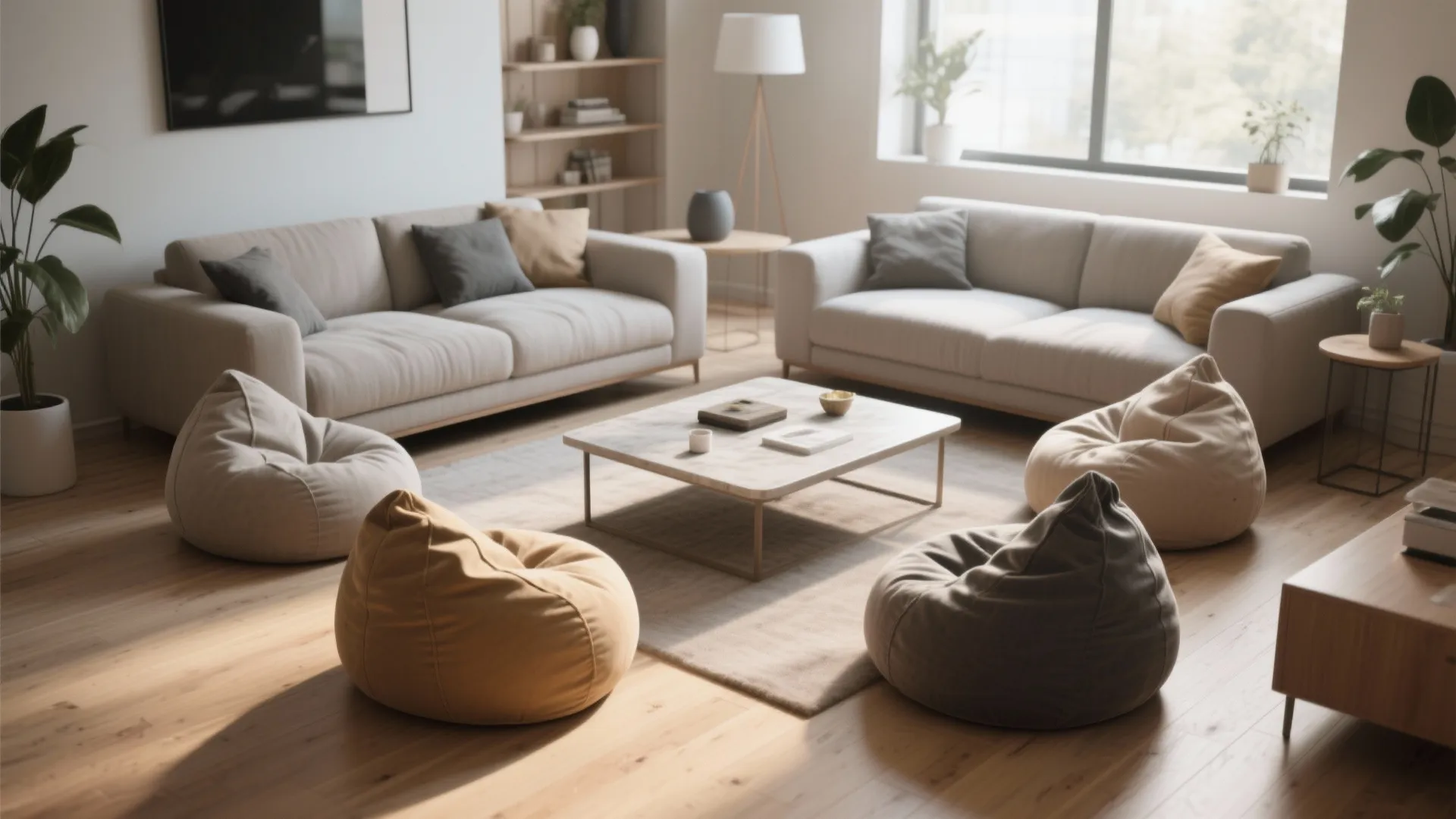 Four bean bags arranged in a circle around a low coffee table