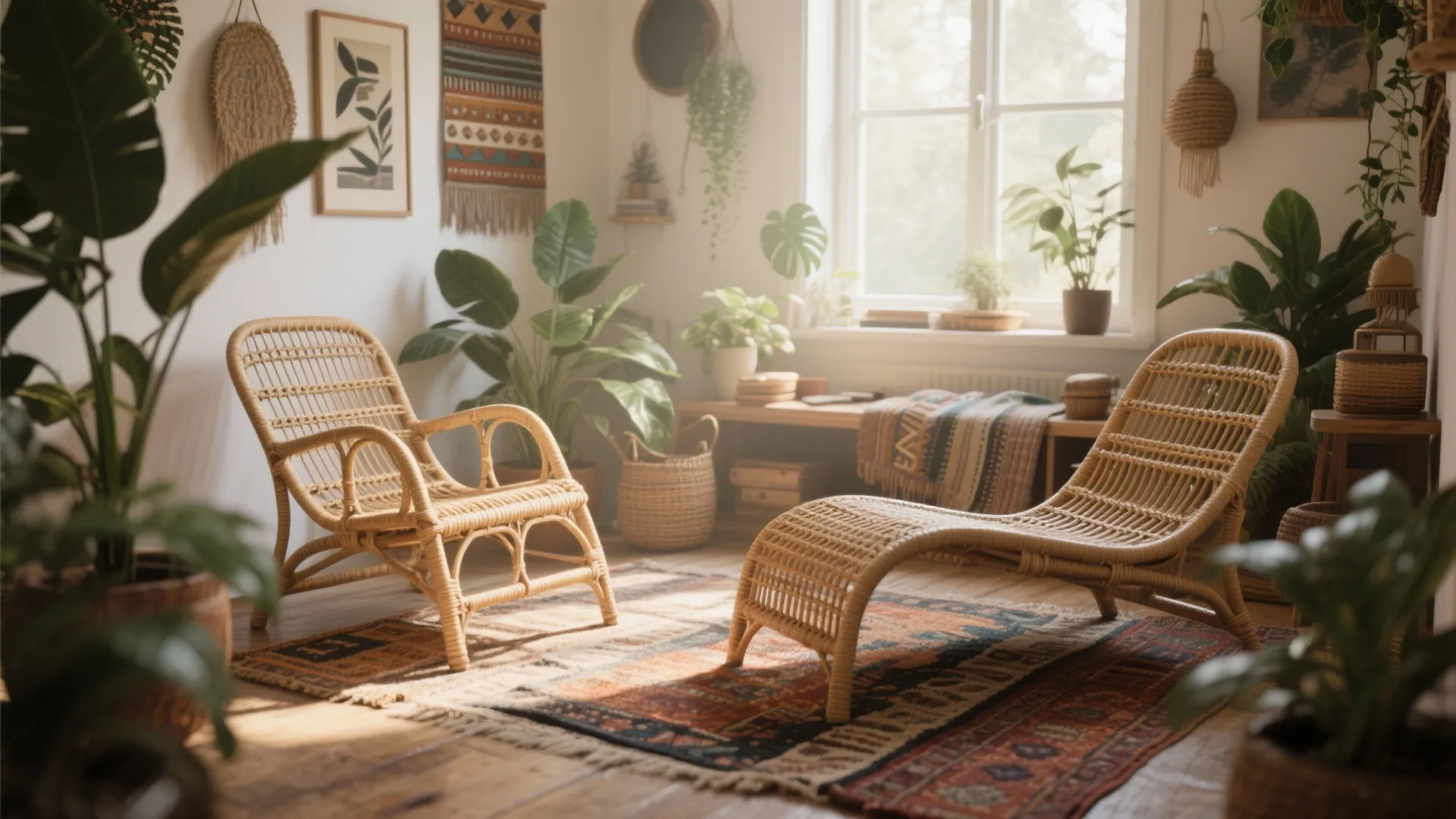 Low woven rattan lounge chairs in a boho small living room