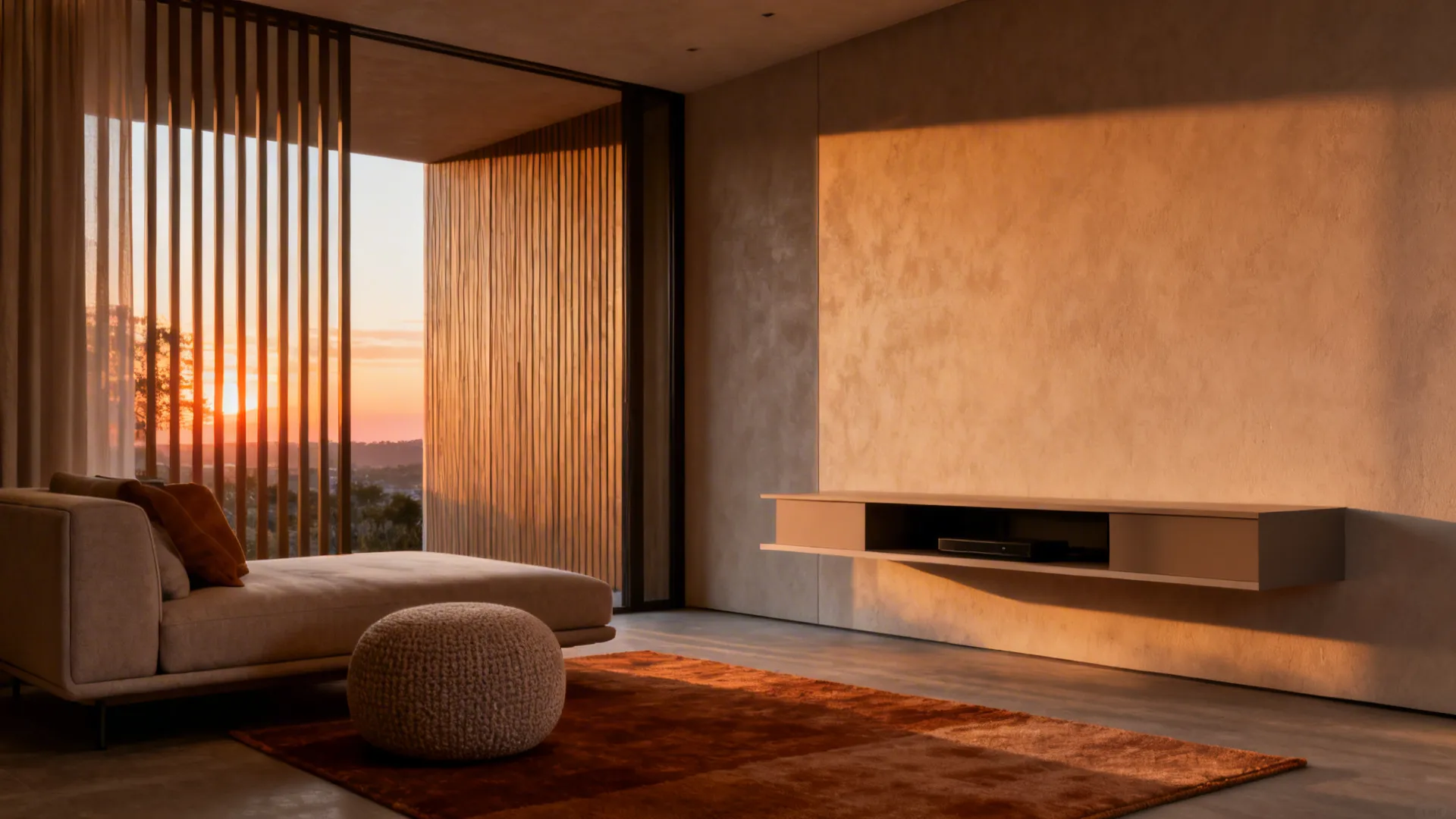 2. Low-slung contemporary sofa, minimalist media console, and pouf