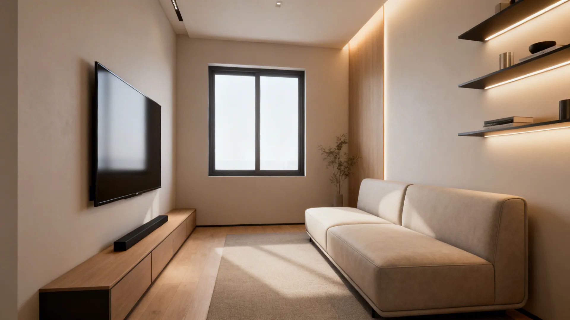 Compact living room with a low-back sofa and open sightlines to window, minimal media unit