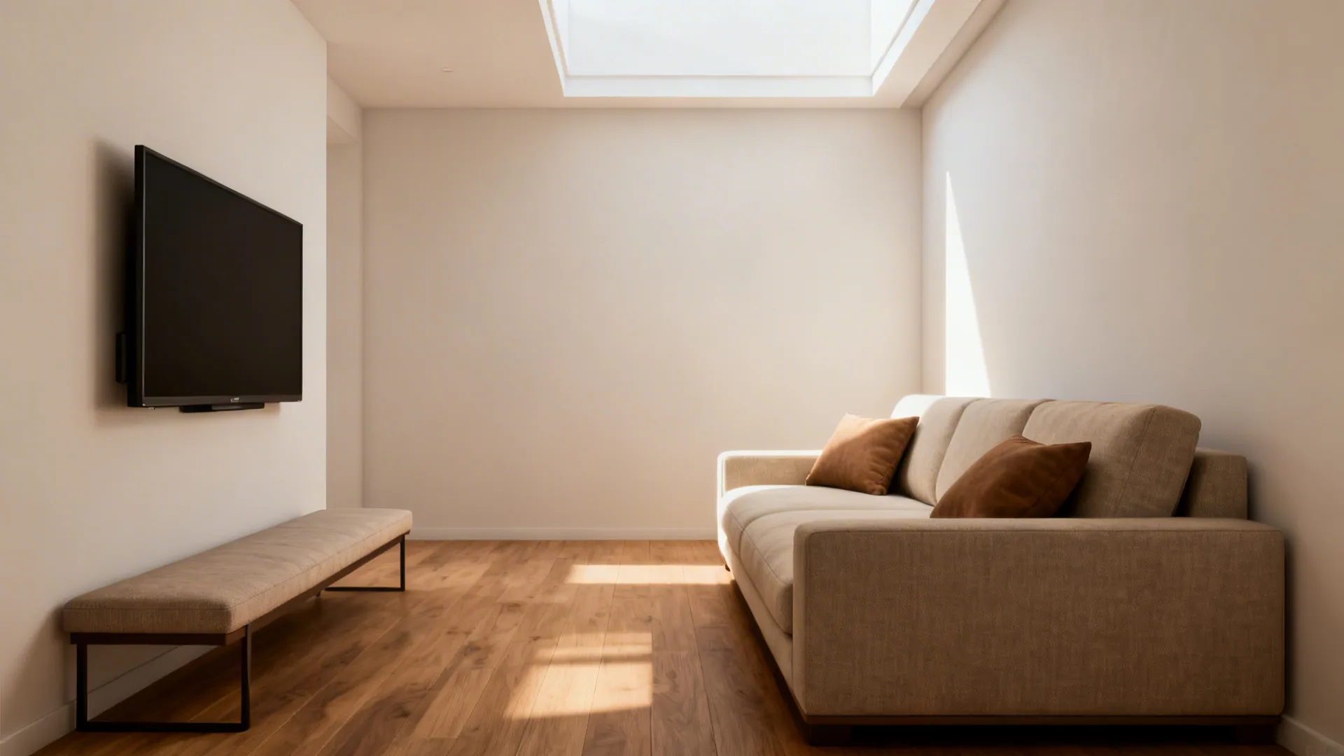 Low-profile sofa facing a wall-mounted TV emphasizing ceiling height and open sightlines.