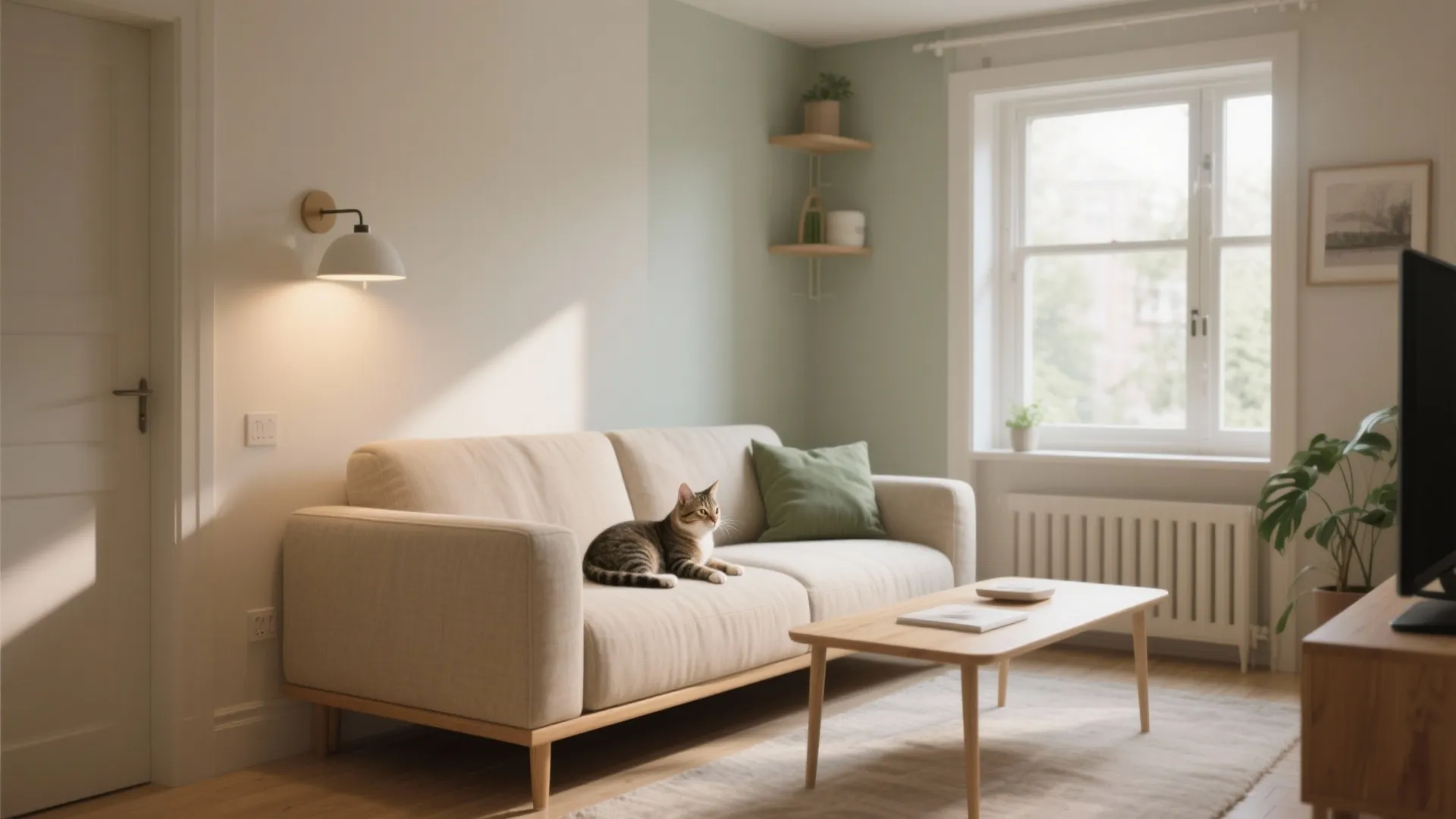 Cozy living room with cat on sofa wooden coffee table wall light and green plant
