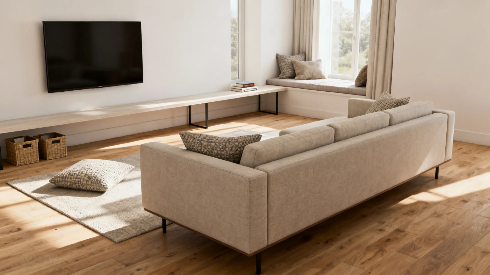 Low-back sofa dividing an L-shaped living room into TV area and reading nook with a slim console behind it.