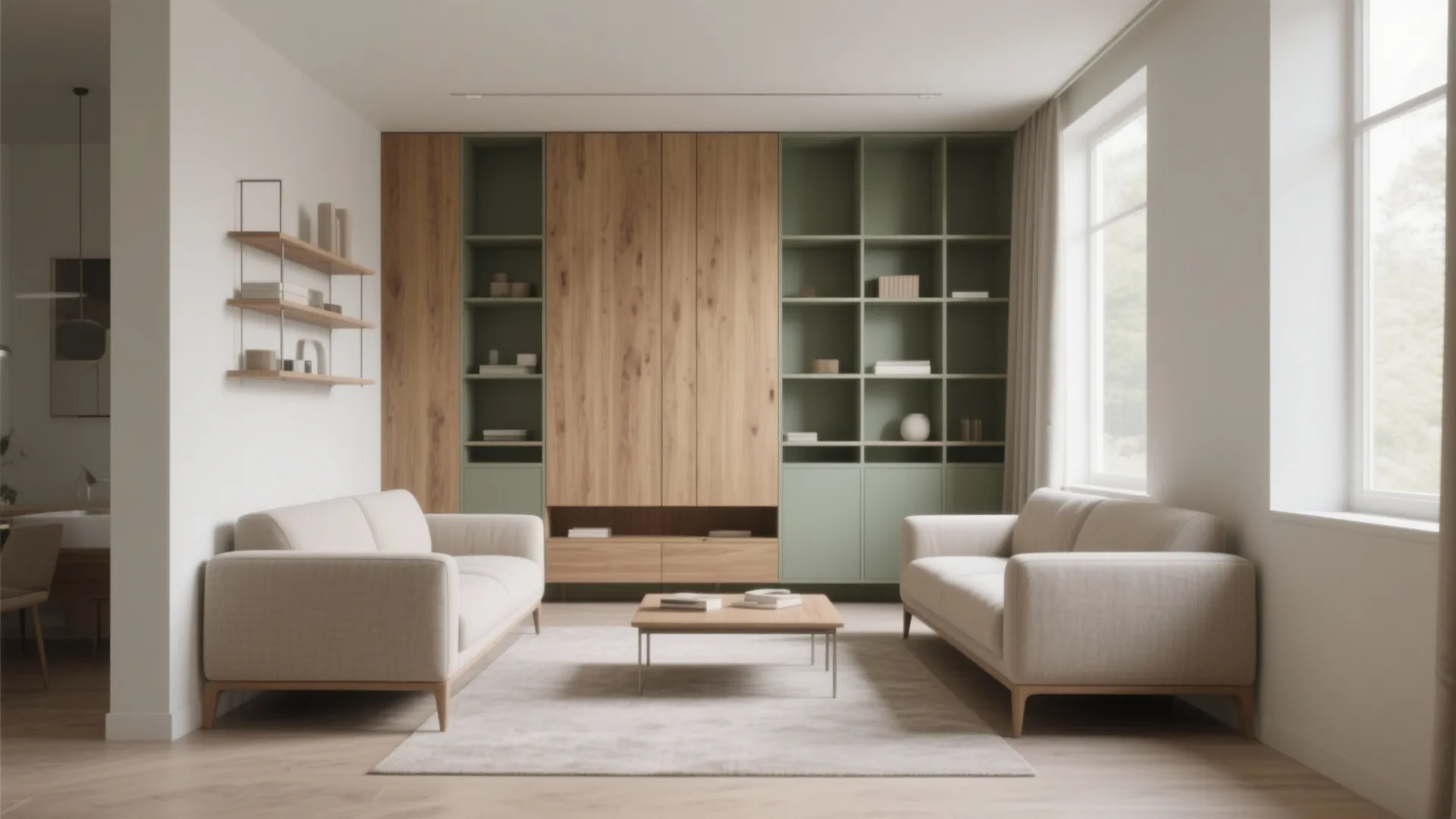 5) Low-Profile Sofas + Tall Storage Balance