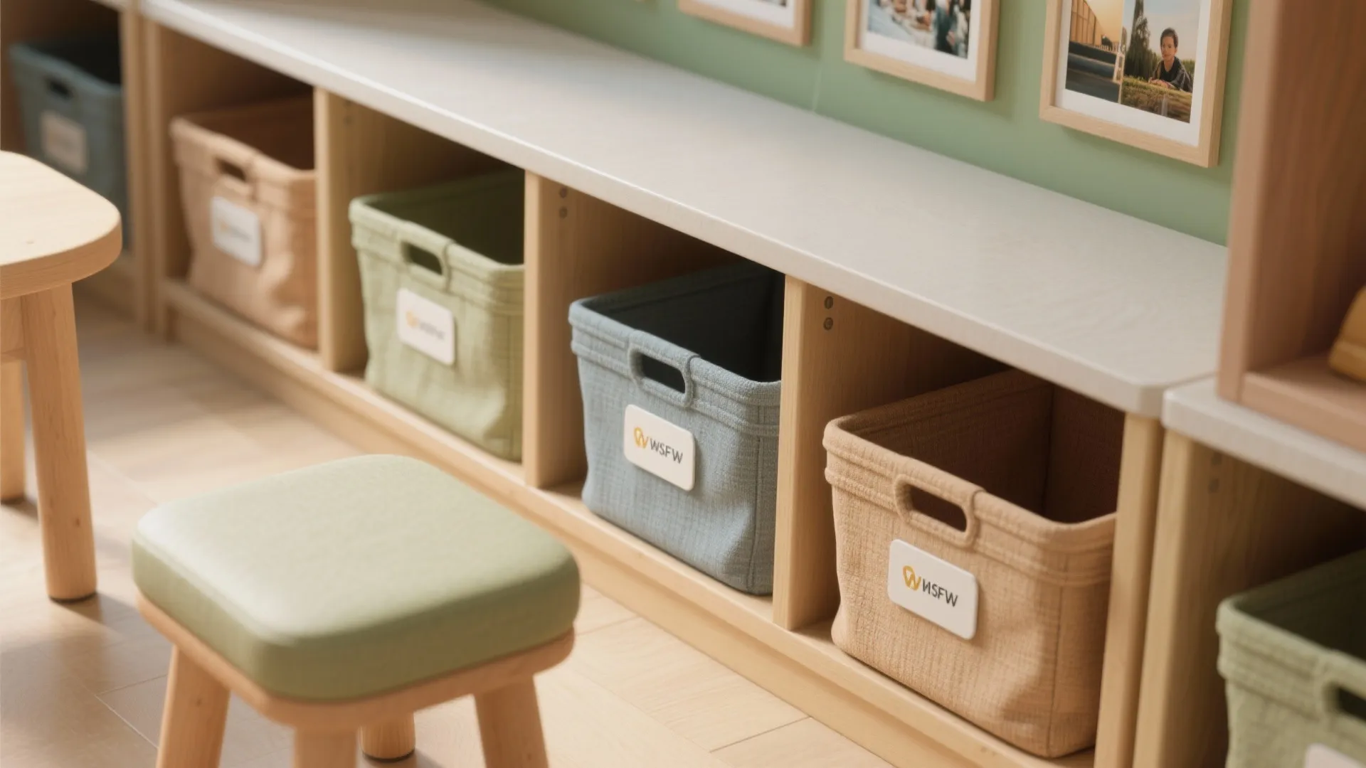 Wooden low storage cabinet with colorful fabric bins on shelves and small green cushioned wood stool