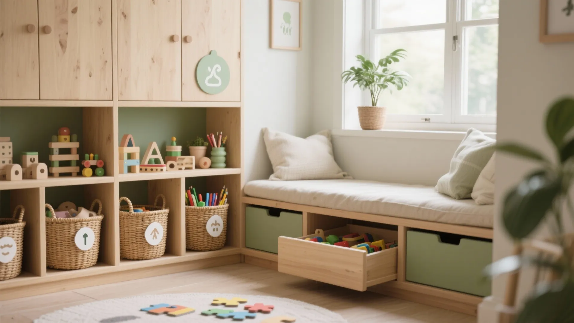 Montessori-style low shelves and a window seat with shallow drawers in a calm kids' room.