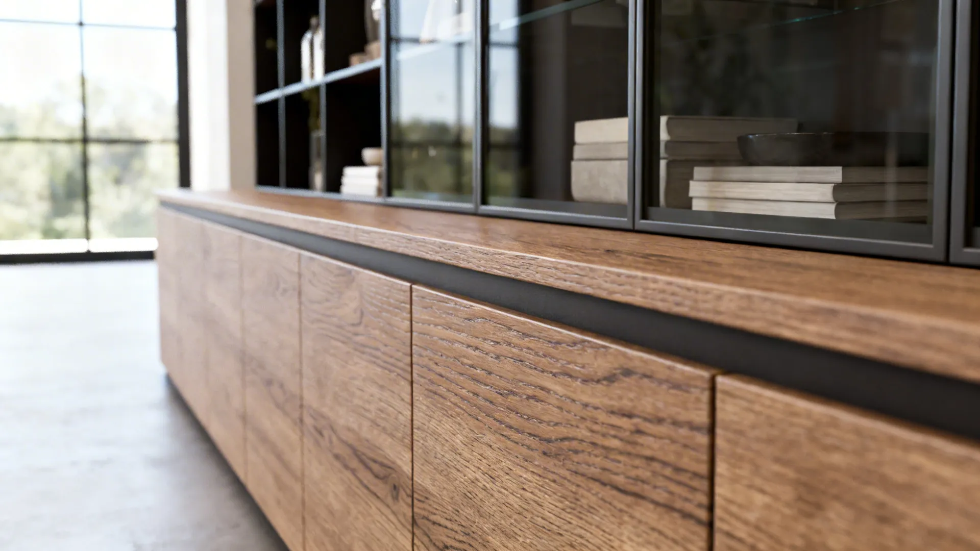 Low credenza and glass-front shelving preserving sightlines and natural light in an open-plan interior.