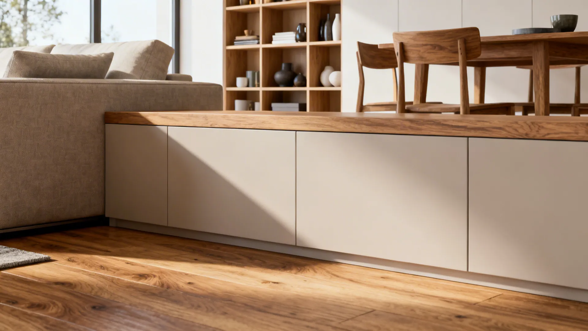 Low-profile oak storage used as a subtle separator between living and dining areas with curated shelving