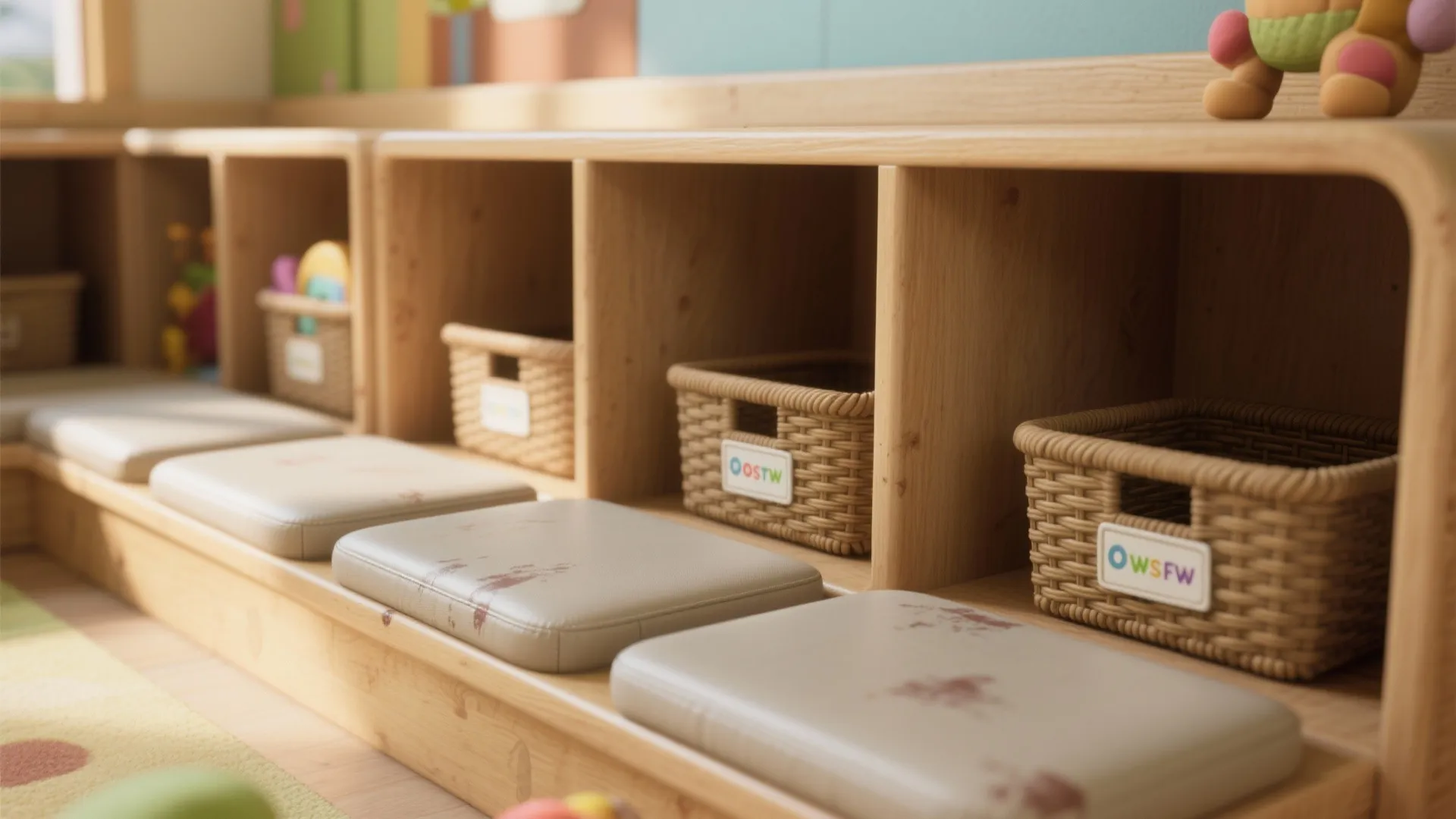 Low wooden storage bench with grey cushions and woven baskets inside open cubbies for toys