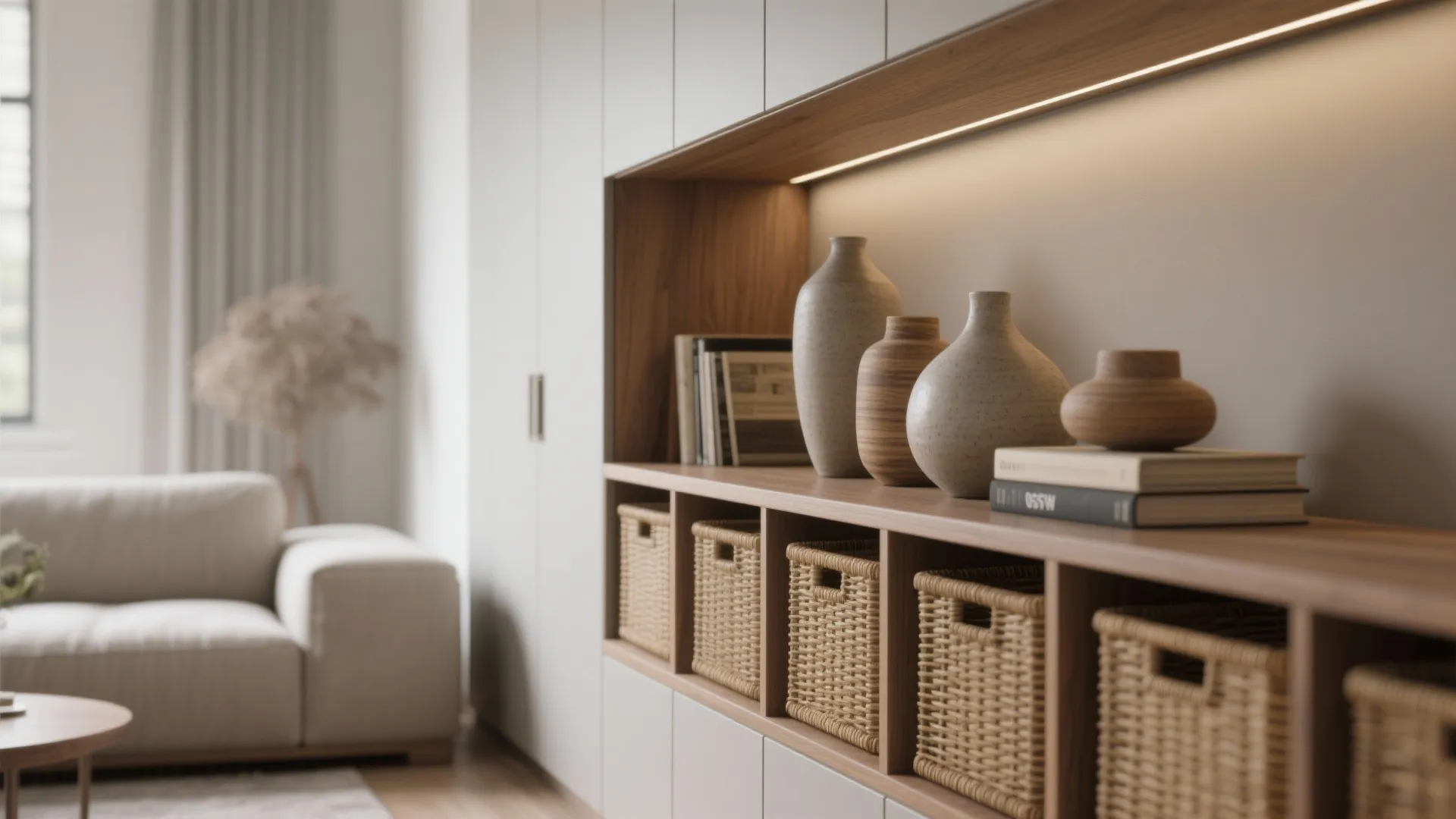 Wooden wall cabinet with storage baskets ceramic vases and books in a modern living room