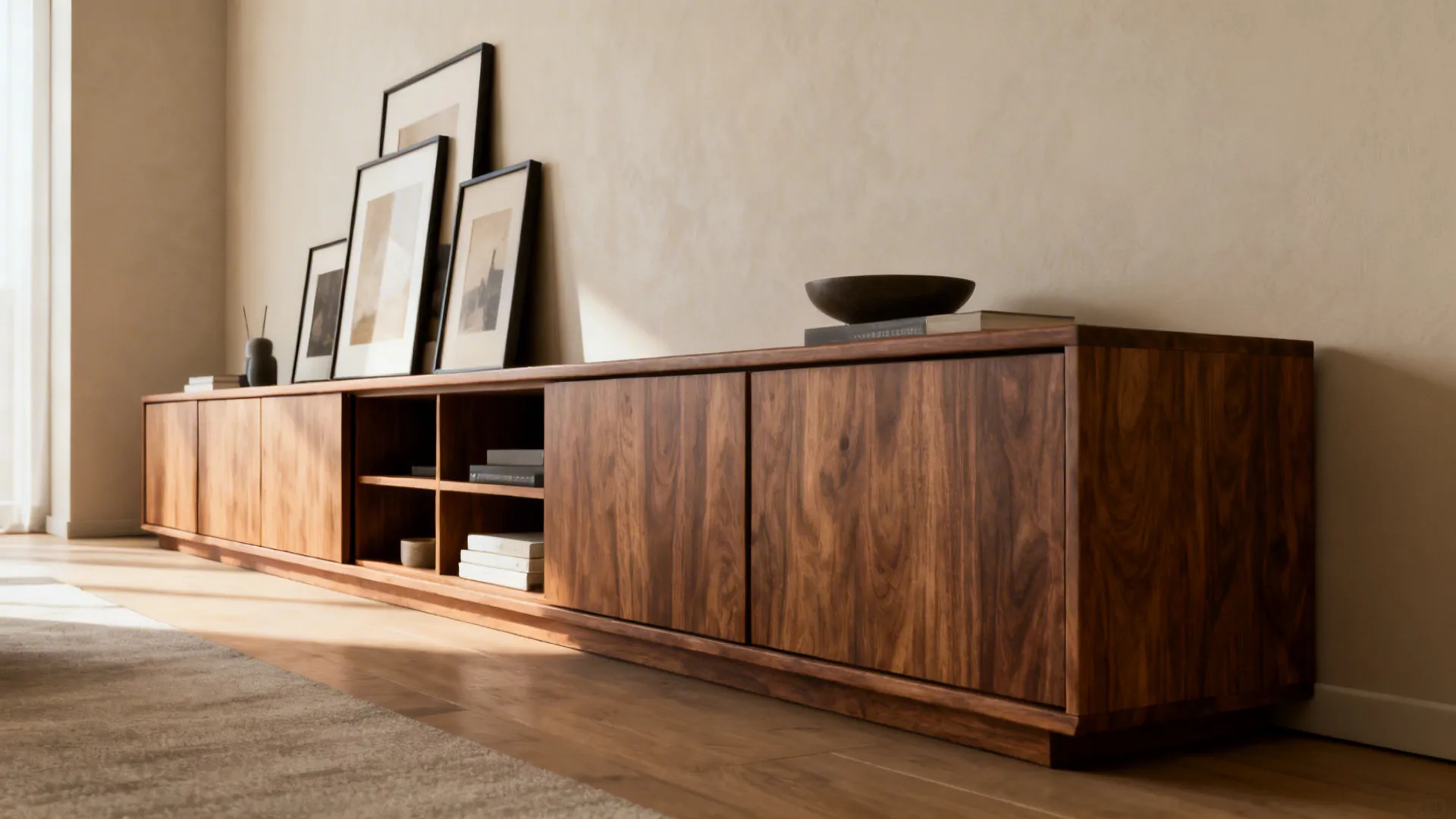Long low credenza with staggered framed art and curated decor anchoring a rectangular living room.