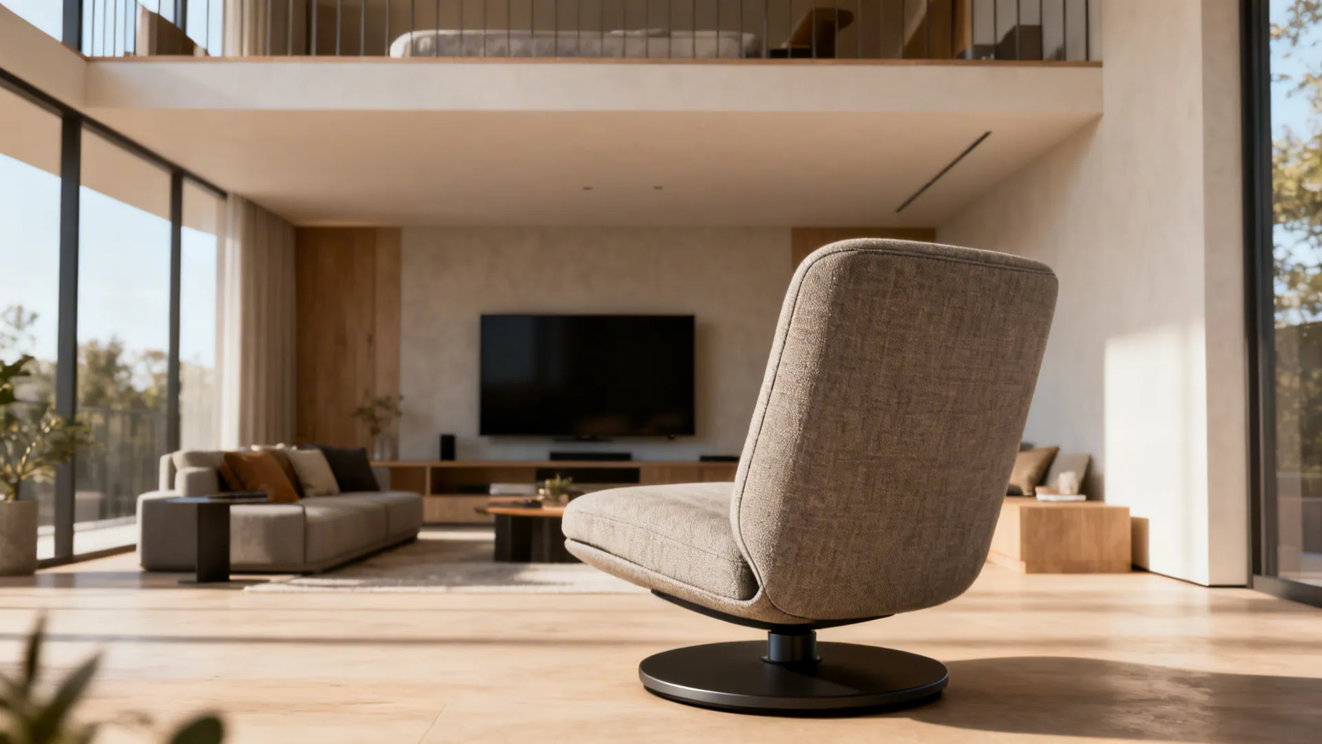 Low-profile swivel chair in a loft allowing flexible sightlines between TV and conversation area.
