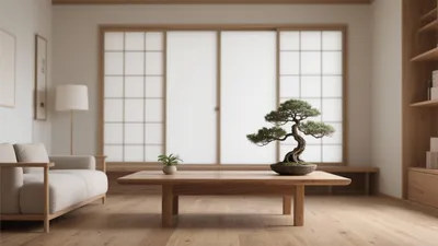 Japanese-Inspired Living Room with Bonsai Centerpiece