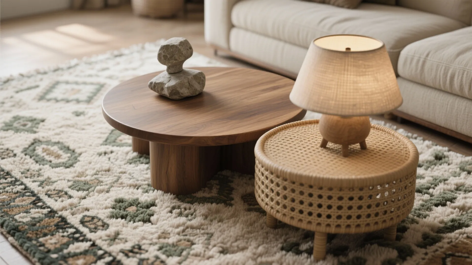 Grounded Glam: Rugs, Low Tables, and Lighting