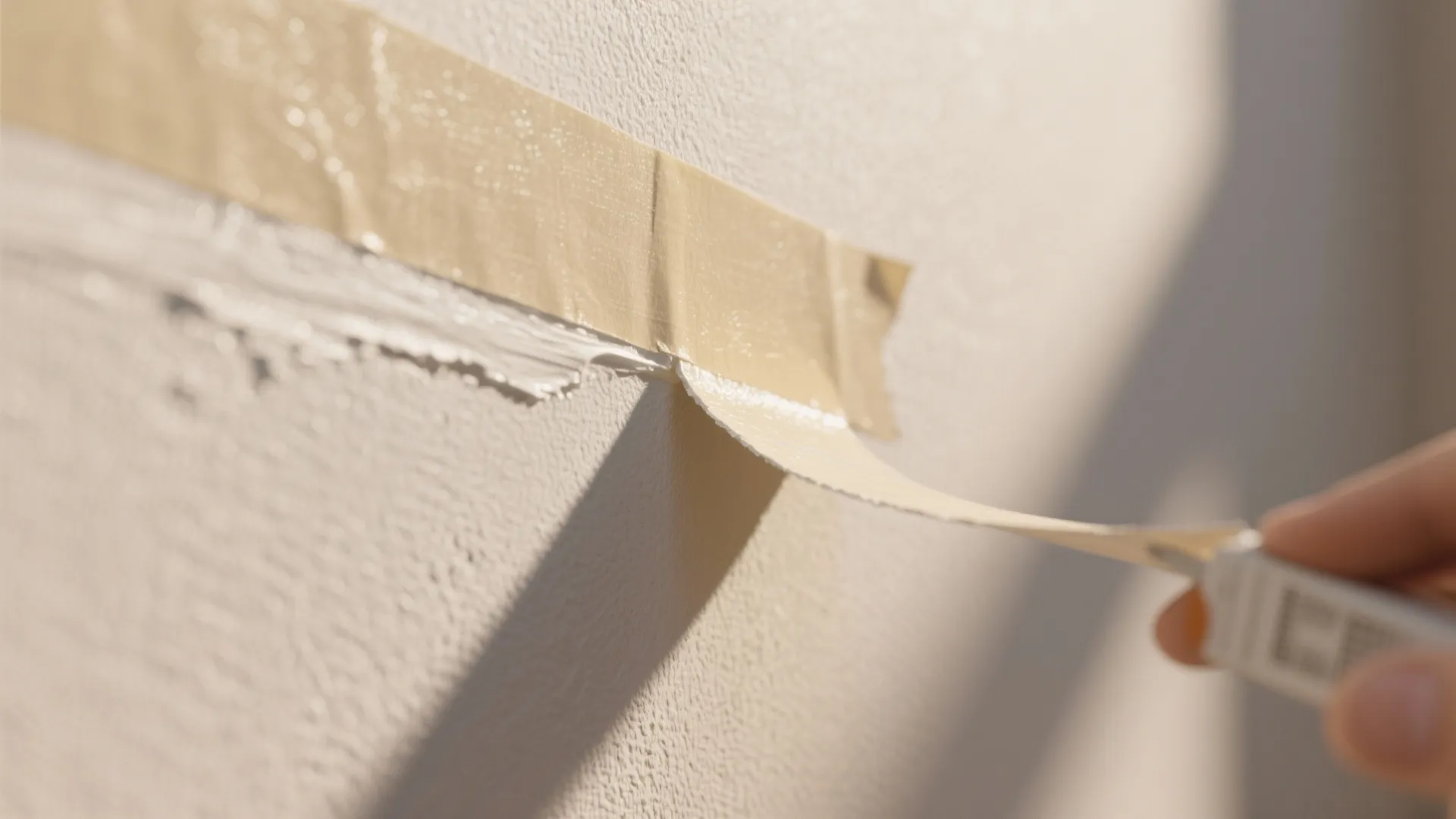 Hand peeling off a strip of low tack beige tape from a white textured wall