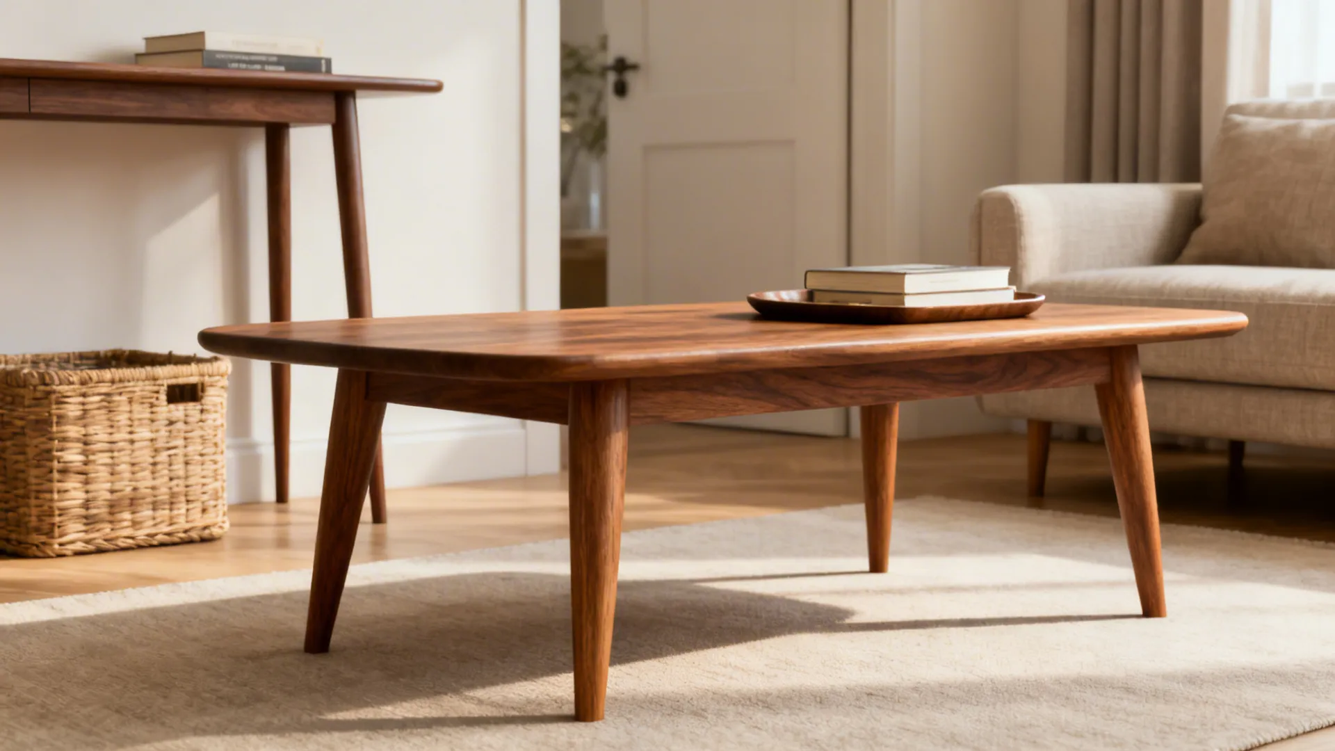 Low wooden coffee table with tapered legs in a living room with sofa and rug