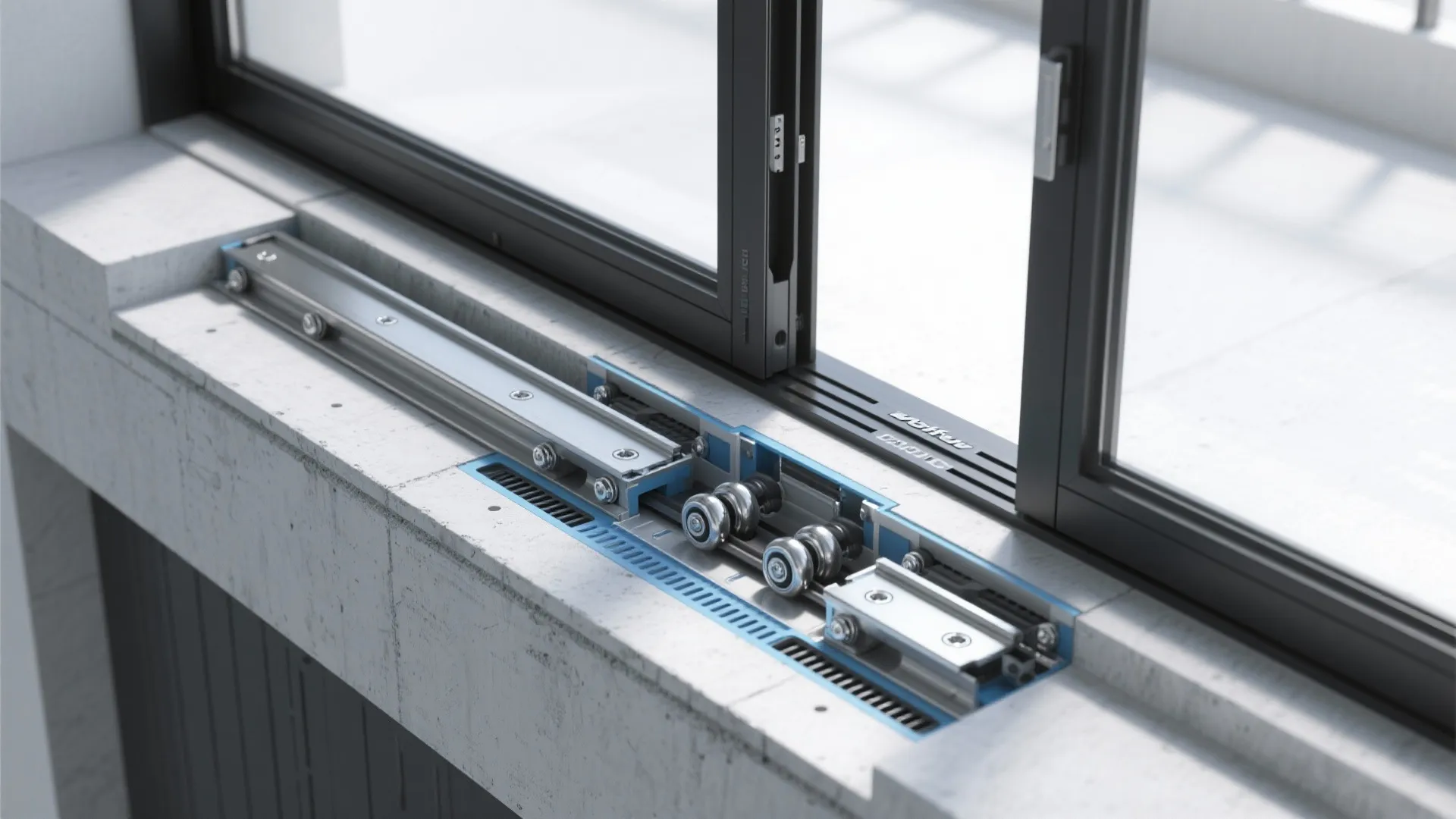 Close up interior design drawing of a sliding door track system with rollers and metal
