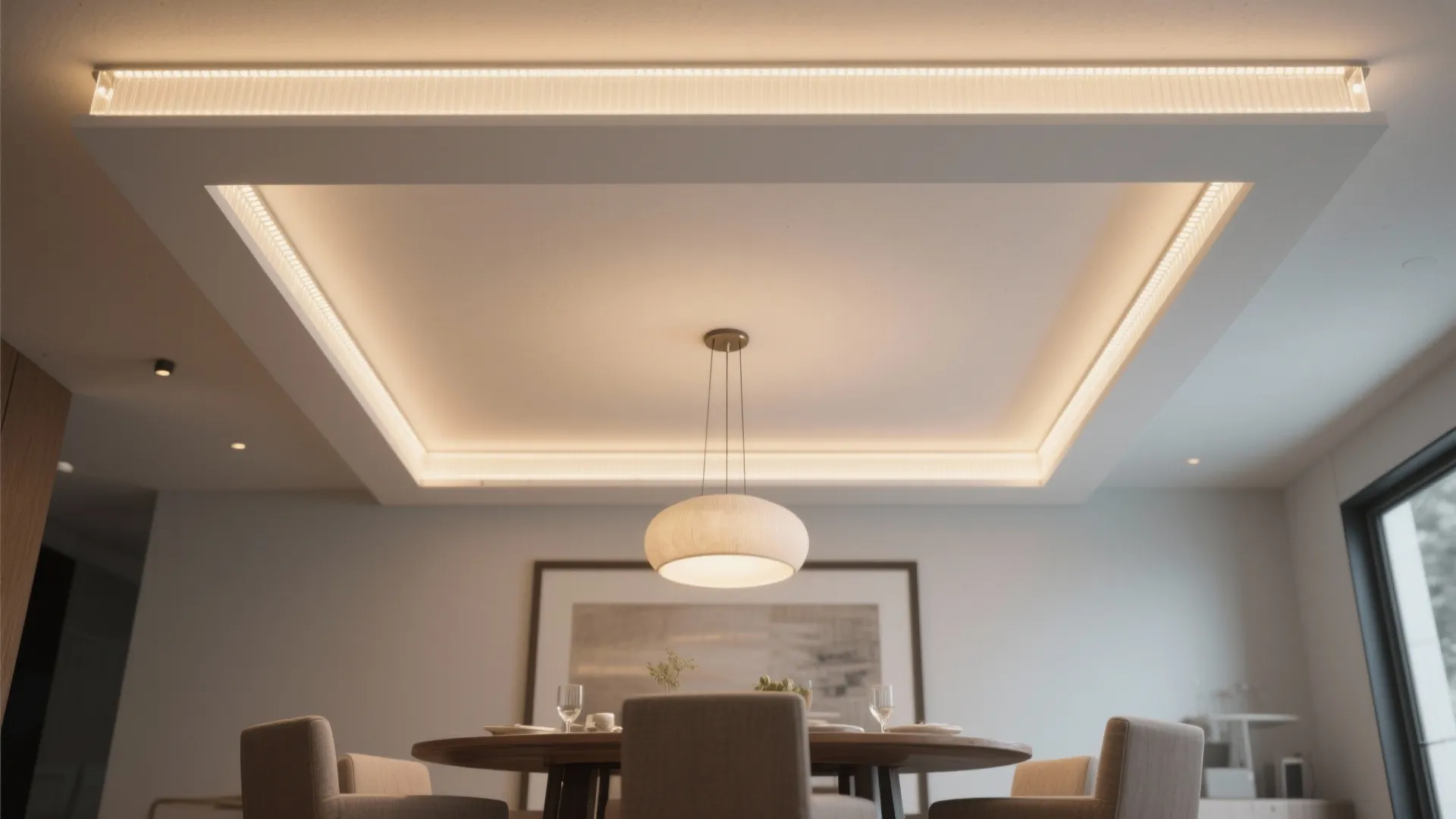 Modern dining room with round wooden table beige chairs white tray ceiling and hanging light