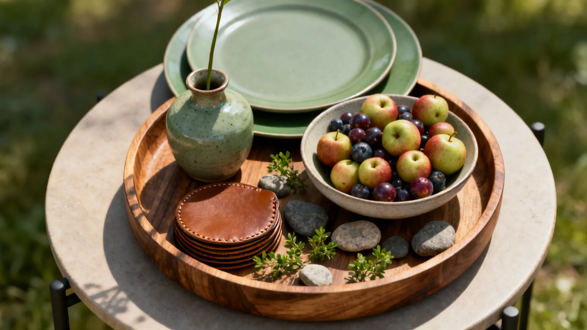 Shallow wooden tray with vase, coasters, bowl of fruit and greenery on a small round table.
