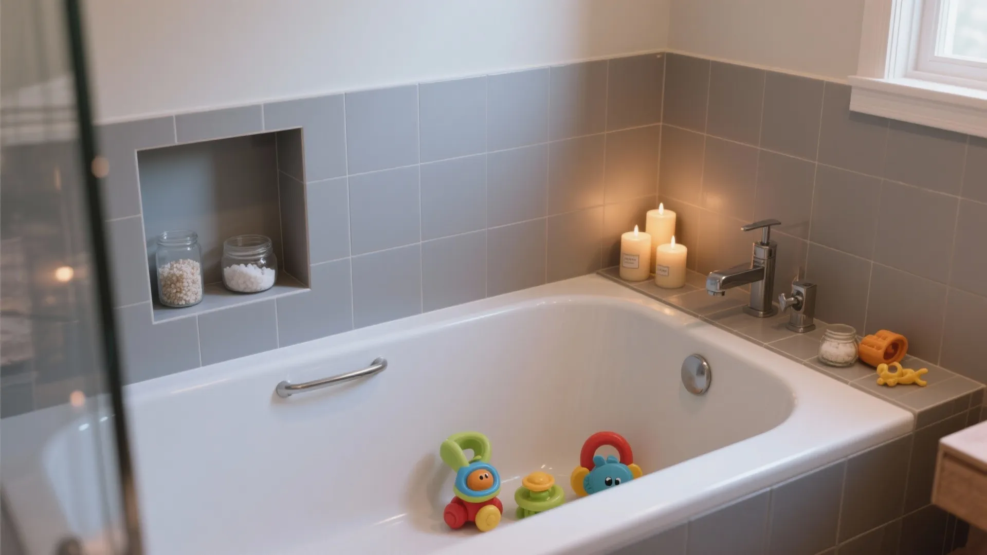 Low Niche Near Tub Deck for Kids and Self-Care