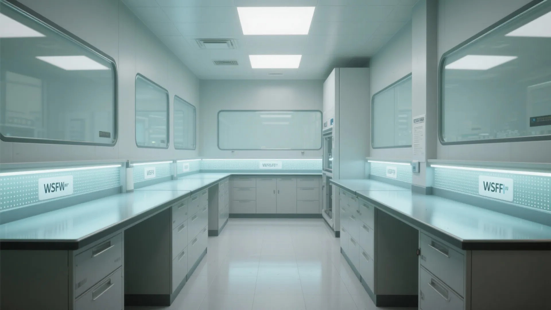 Clean room bench with micro-prismatic diffusers delivering low glare and high CRI illumination.