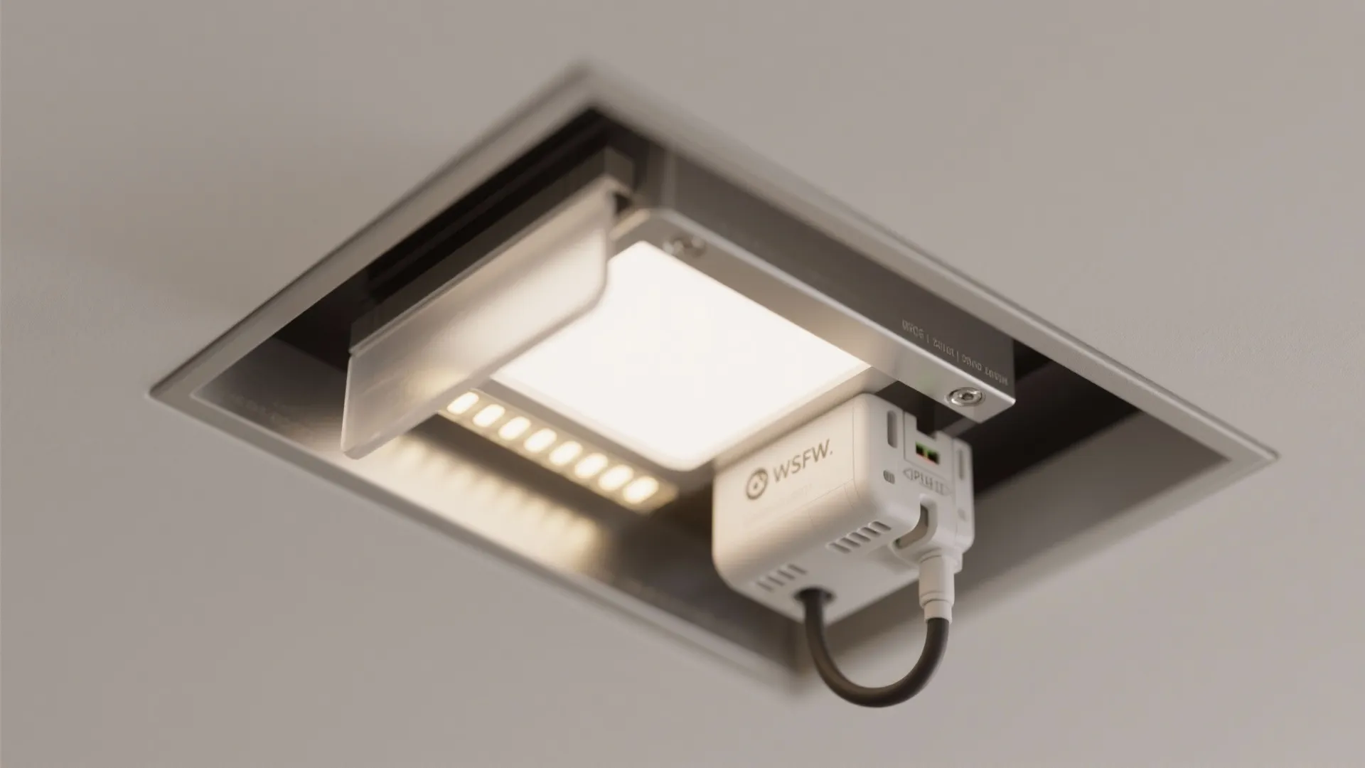 Close up view of a modern square ceiling light fixture with integrated smart home electronic components