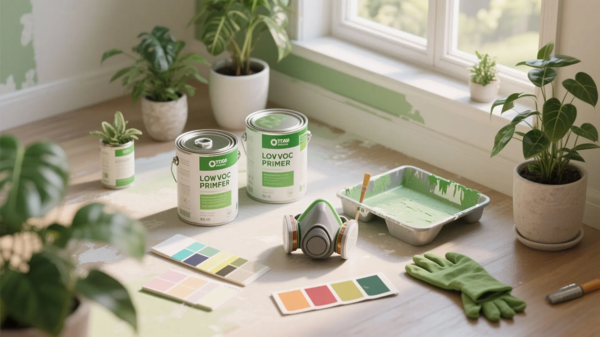 Low VOC paint cans with green tray safety mask and color swatches on wooden floor area