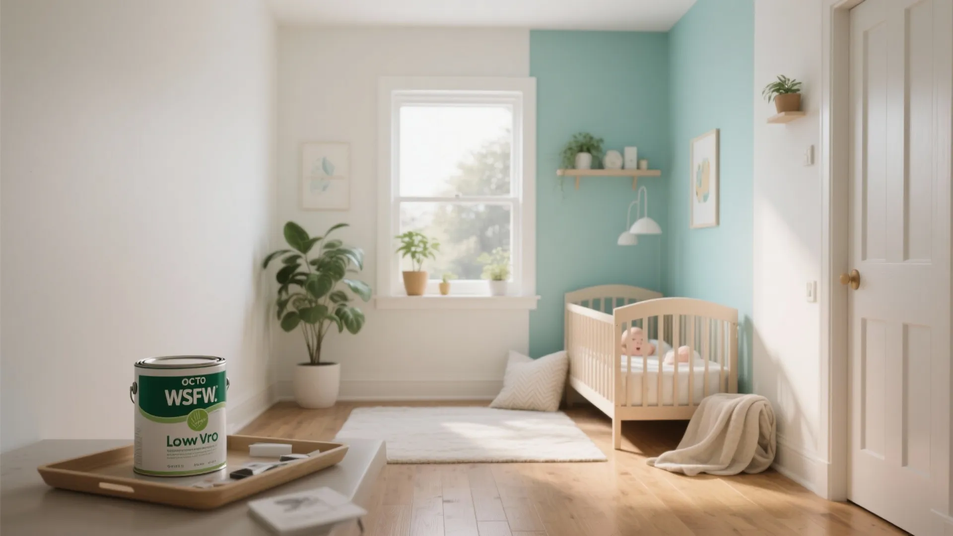 Small nursery with low-VOC primed walls, open window and plants creating a healthy indoor atmosphere.