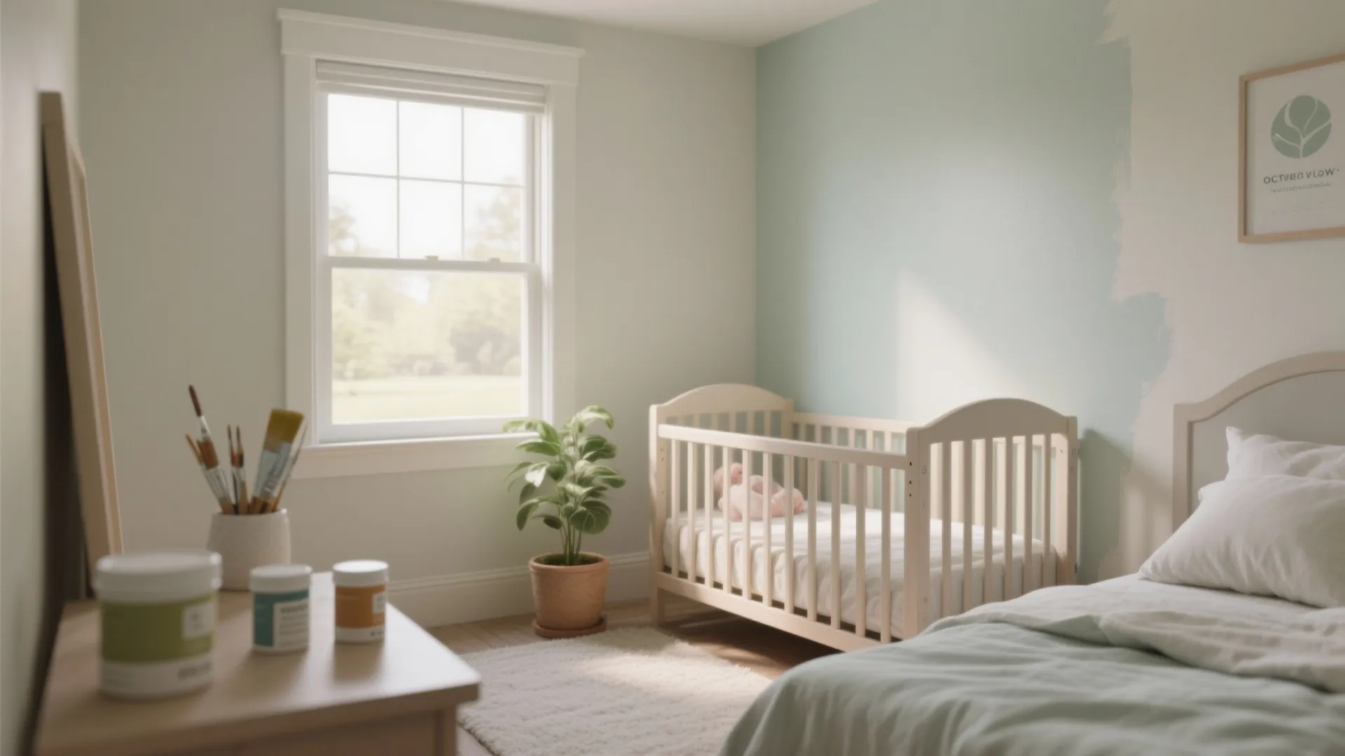 Bright baby room with a white wooden crib, green plant, window, and wall paint cans