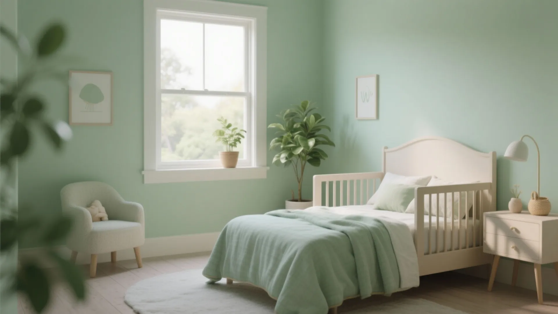 Light green child bedroom with white bed small armchair plant and natural light from window
