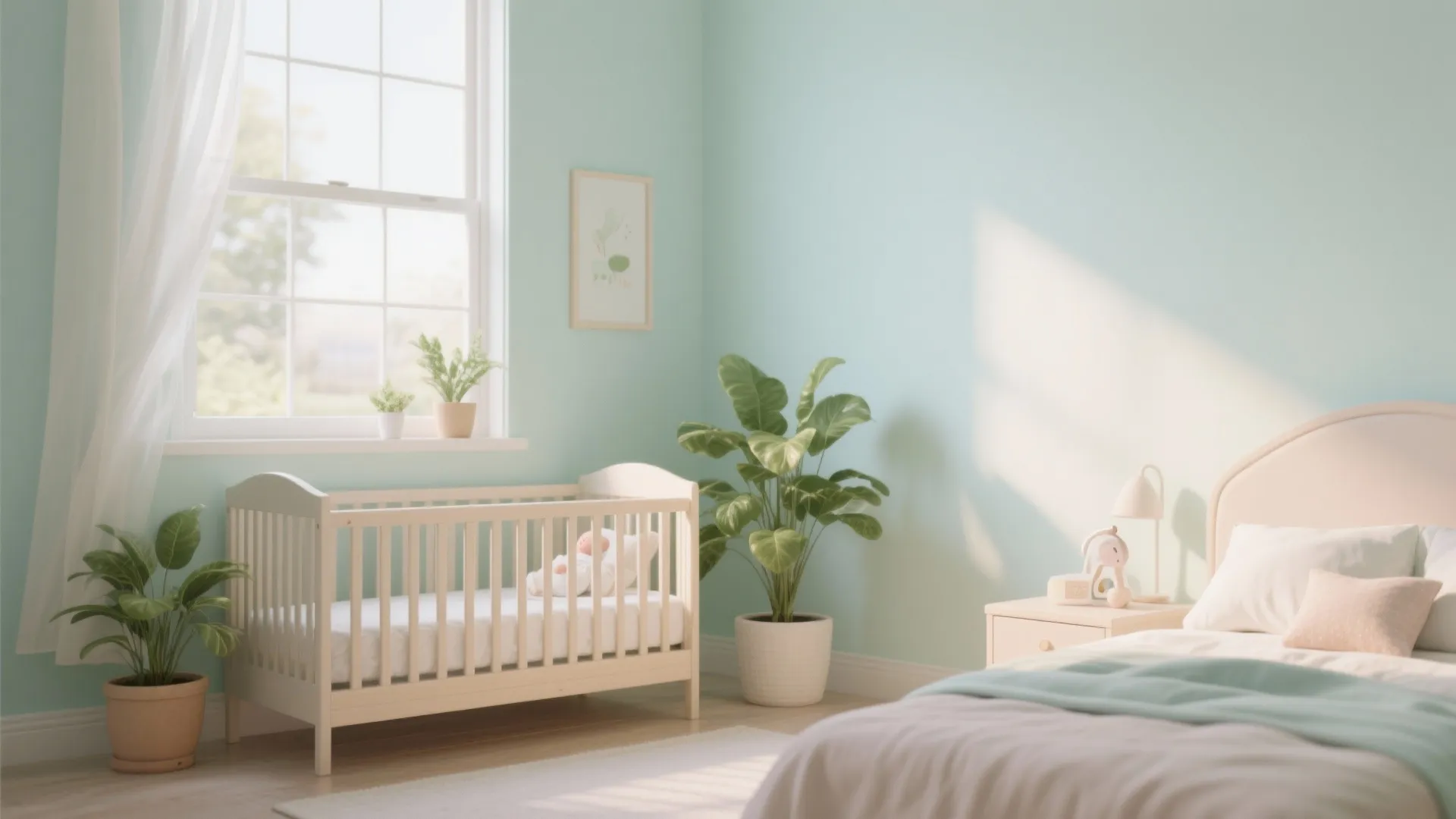 Mint green nursery featuring a white wooden crib, indoor plants, soft sunlight, and cozy bed